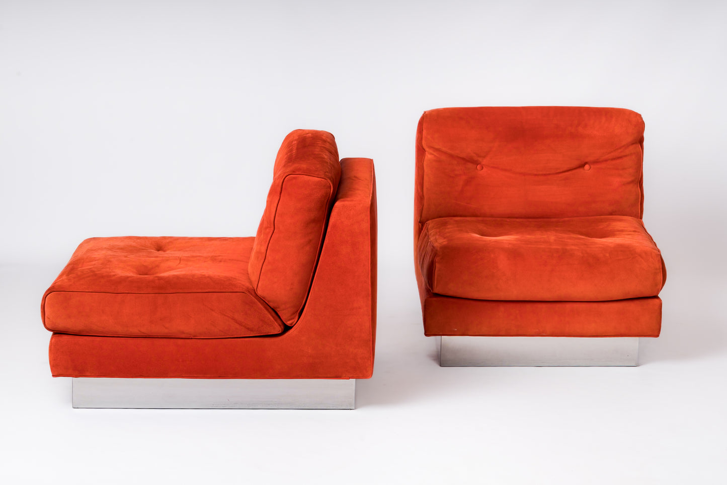 Two Blood Orange Suede "Californian" Lounge Chairs by J. Charpentier - France