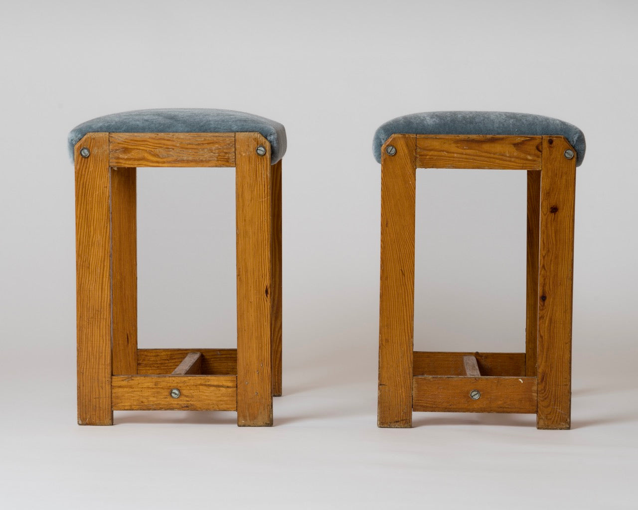 Pair of "Mobilier de Montagne" Pinewood and Blue Mohair Benches, France 1970's