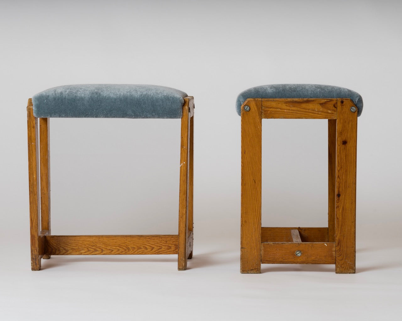 Pair of "Mobilier de Montagne" Pinewood and Blue Mohair Benches, France 1970's