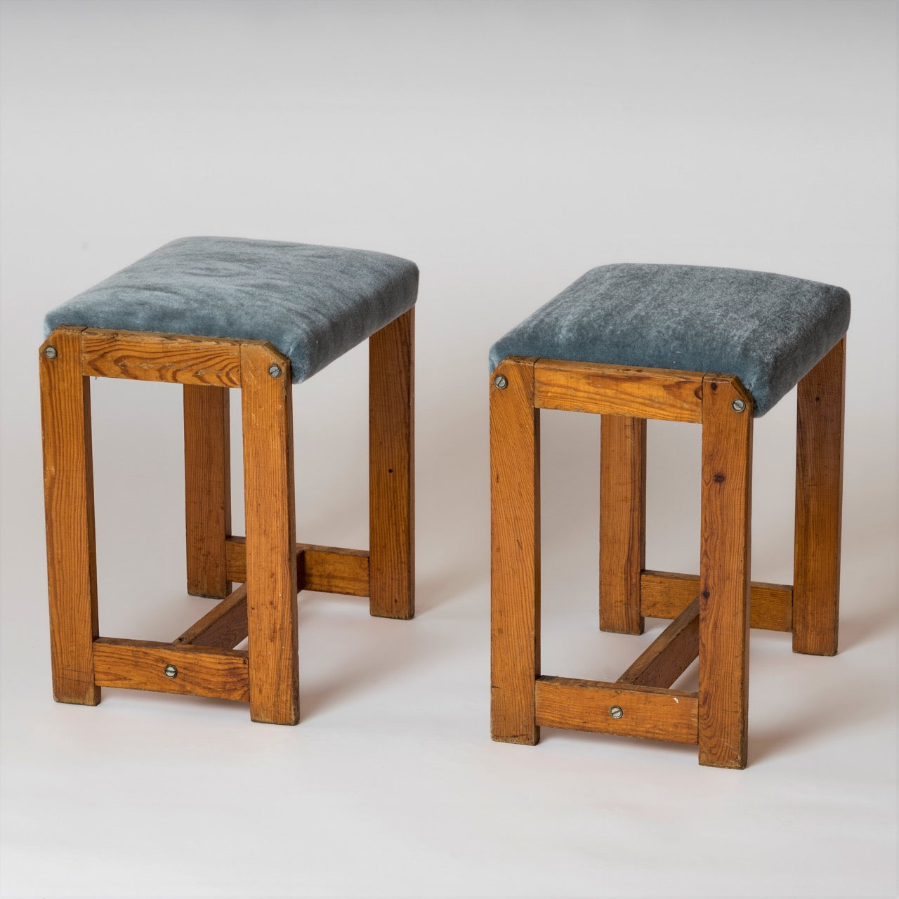 Pair of "Mobilier de Montagne" Pinewood and Blue Mohair Benches, France 1970's