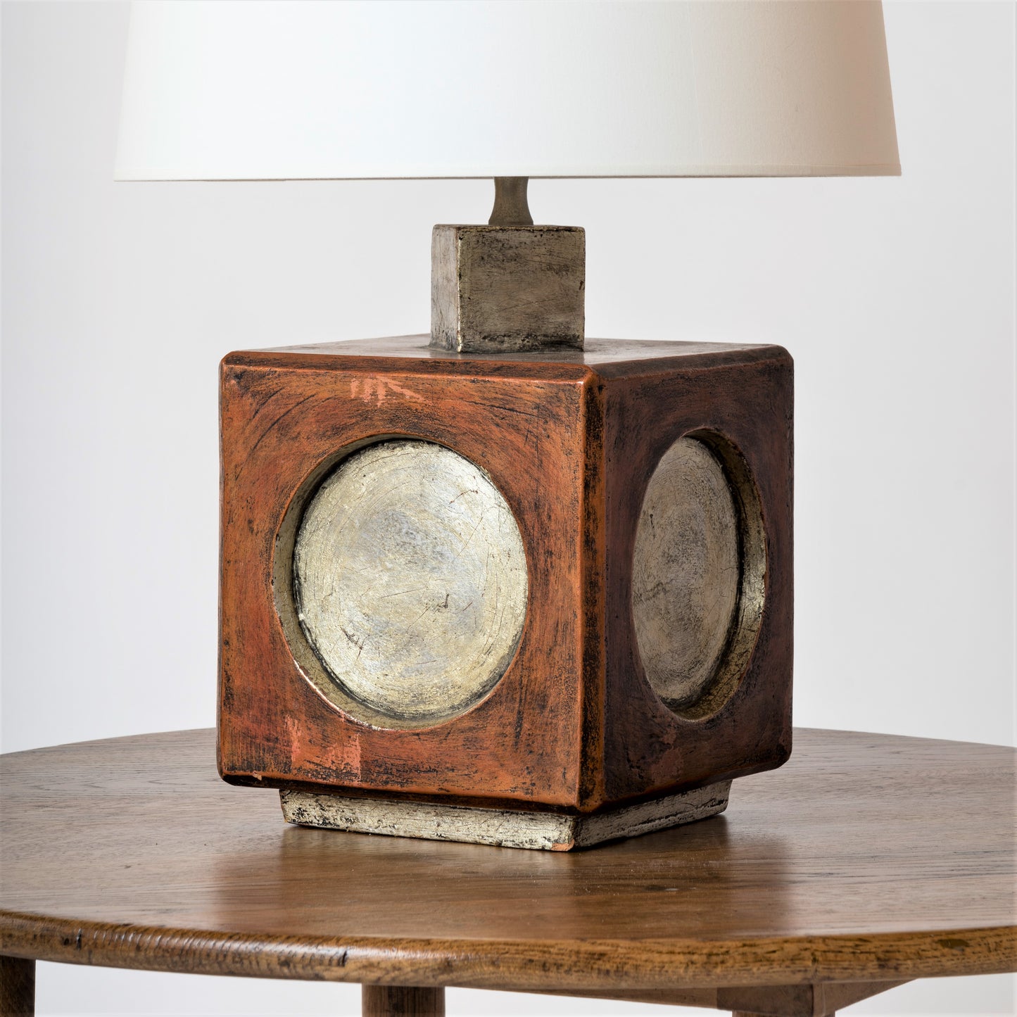 Square Brutalist Terracotta Table Lamp W. Ochre & Silver Accents, Italy, 1970s