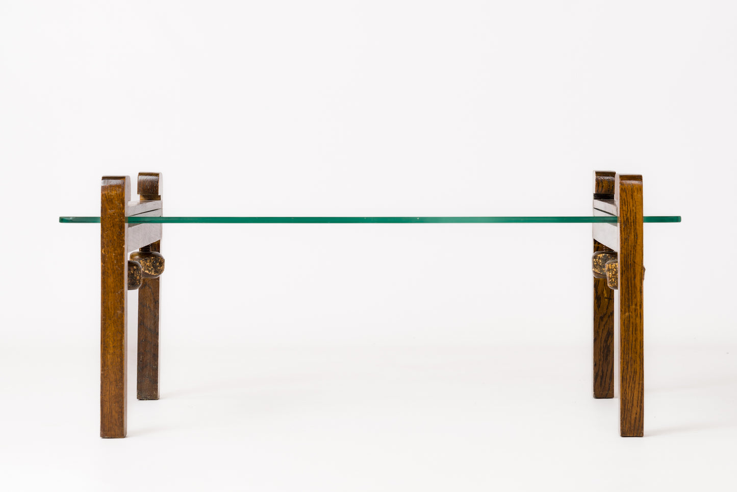 Hand-Carved Wooden Clamp and Glass Coffee Table - France 1970's