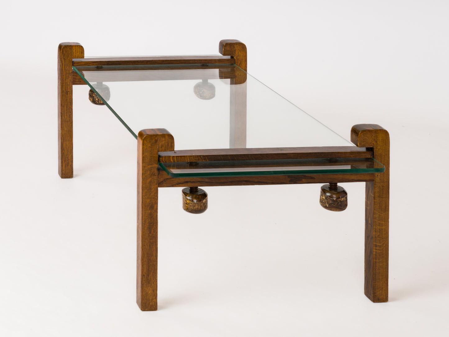 Hand-Carved Wooden Clamp and Glass Coffee Table - France 1970's