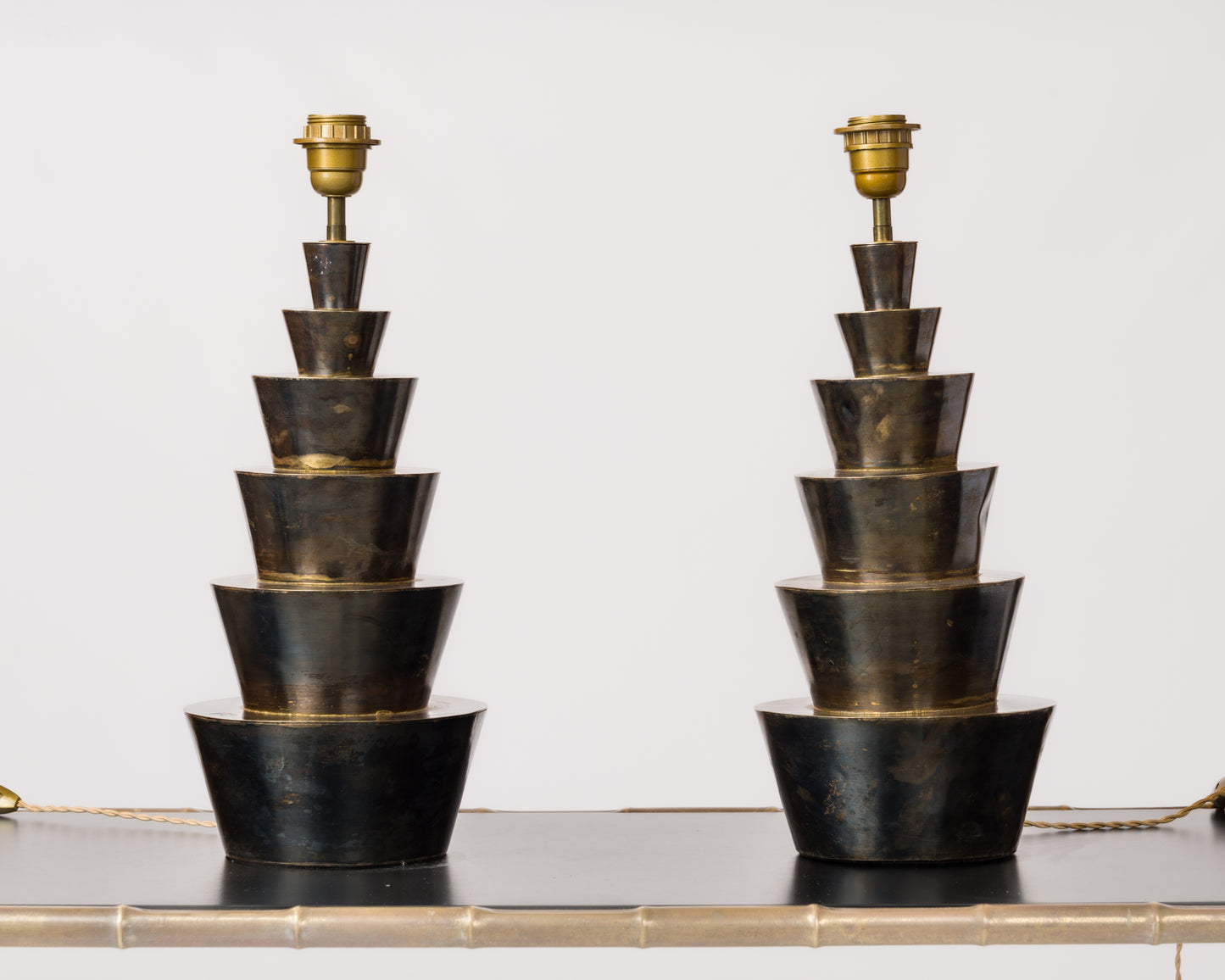 Pair of Decorative Stepped Gunmetal Steel Lamps - France 1980's
