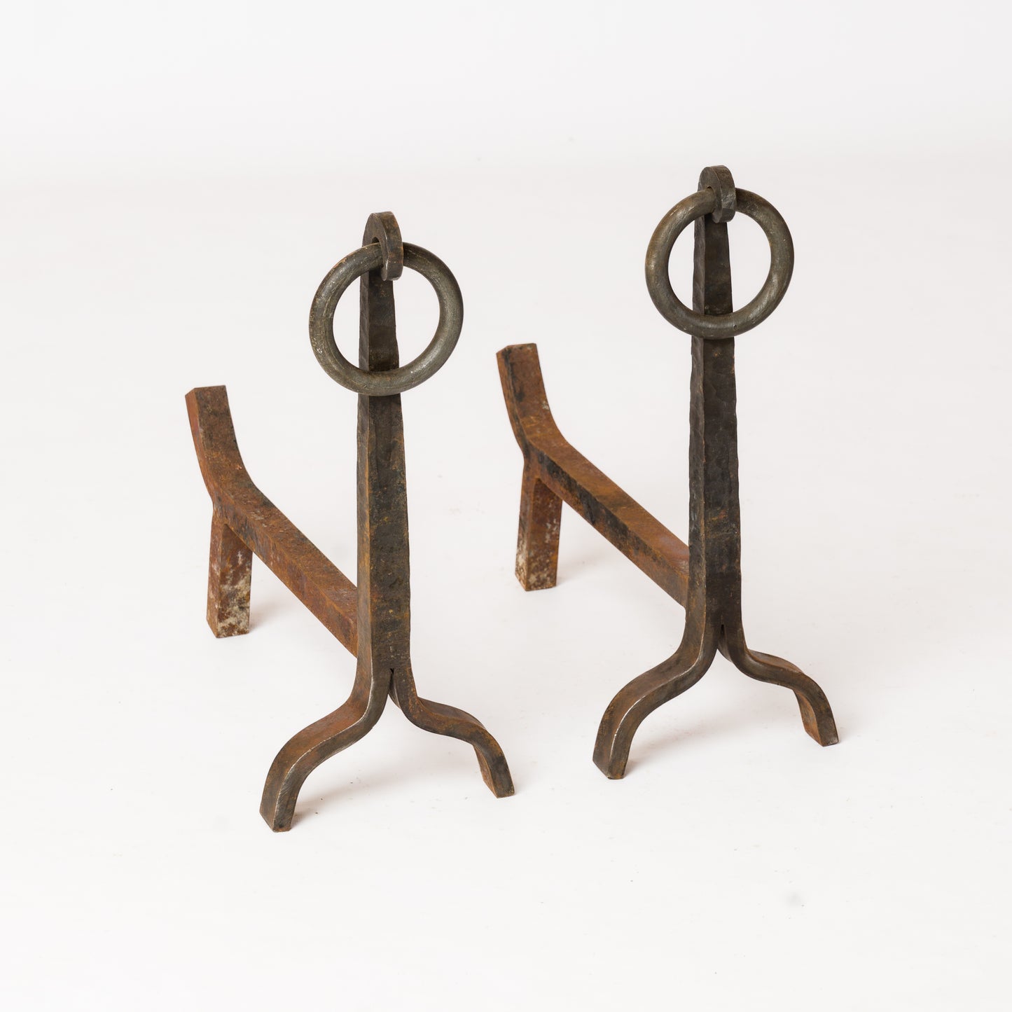 Pair of Big Size Wrought Iron Brutalist Andirons w. Hoops - France 1960s