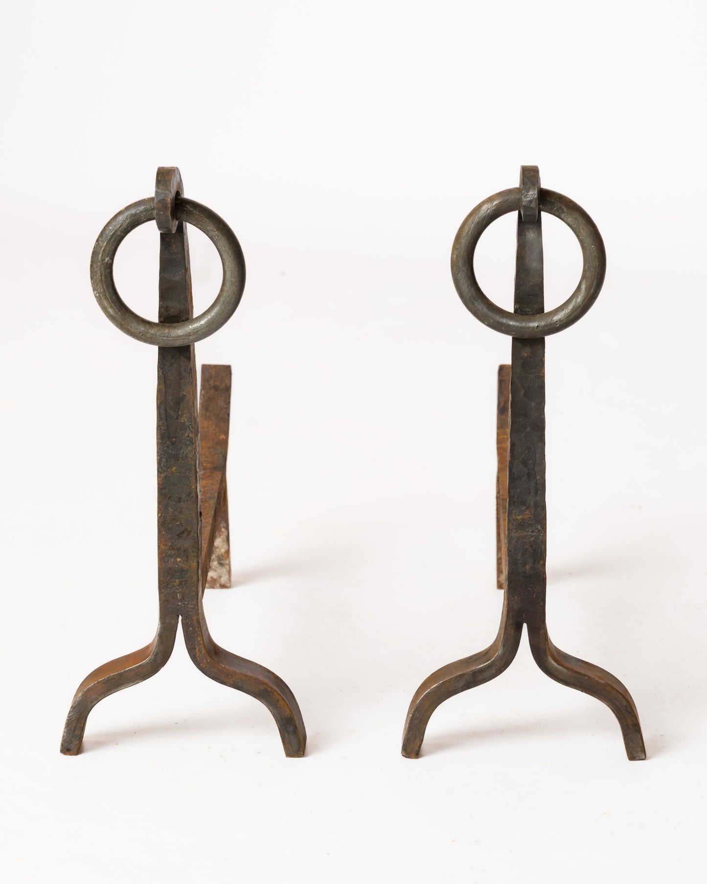 Pair of Big Size Wrought Iron Brutalist Andirons w. Hoops - France 1960s