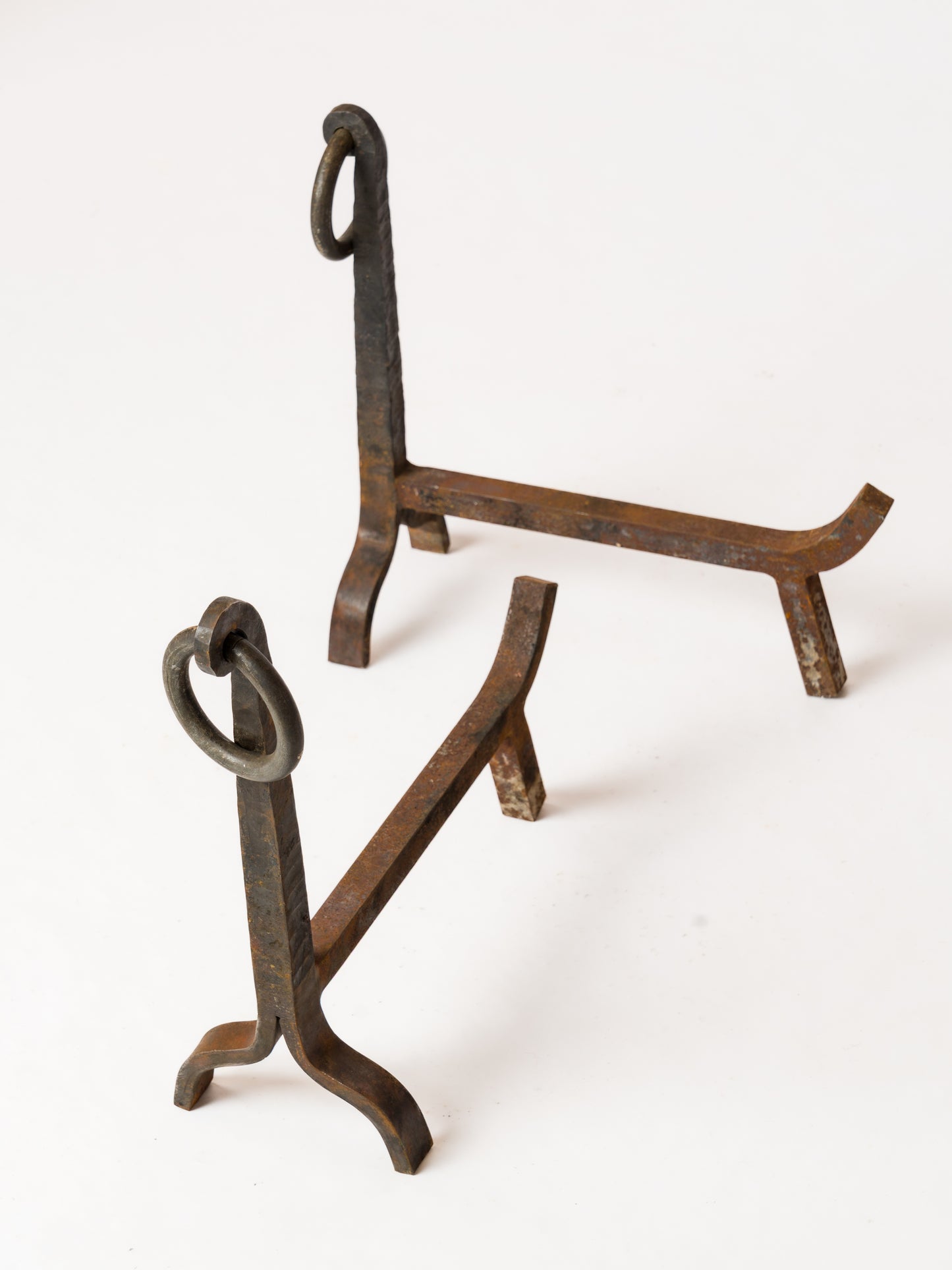 Pair of Big Size Wrought Iron Brutalist Andirons w. Hoops - France 1960s