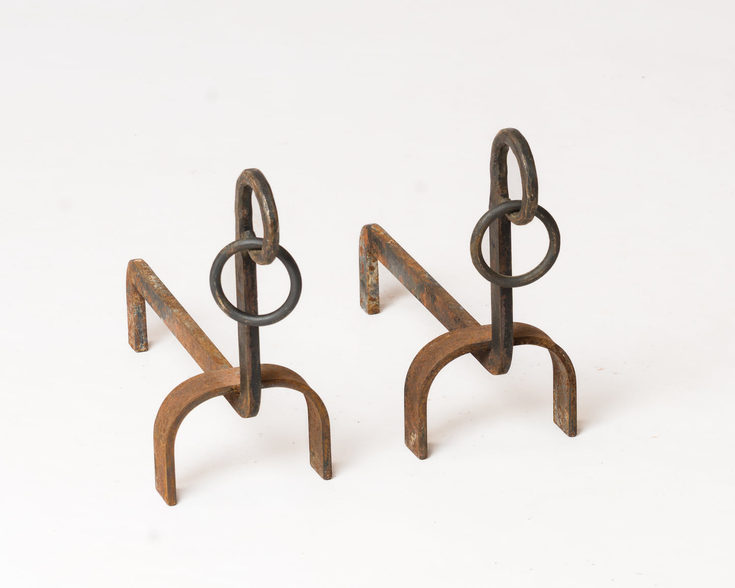 Pair of Chic Wrought Iron Andirons with Rings - France 1970s
