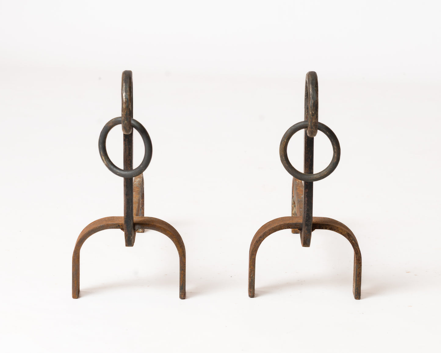 Pair of Chic Wrought Iron Andirons with Rings - France 1970s