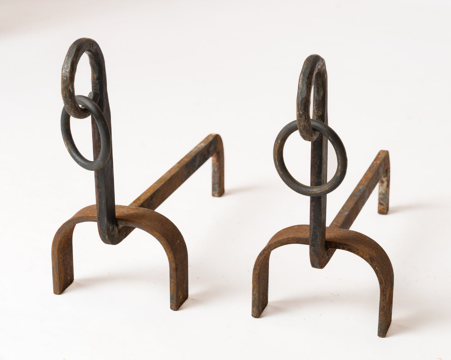 Pair of Chic Wrought Iron Andirons with Rings - France 1970s