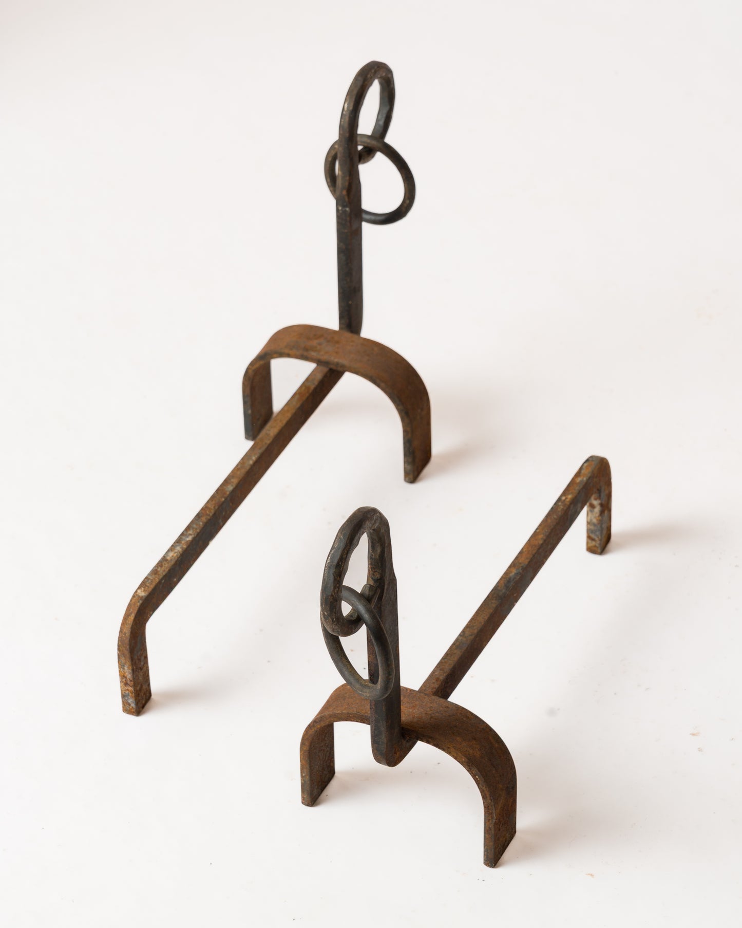 Pair of Chic Wrought Iron Andirons with Rings - France 1970s