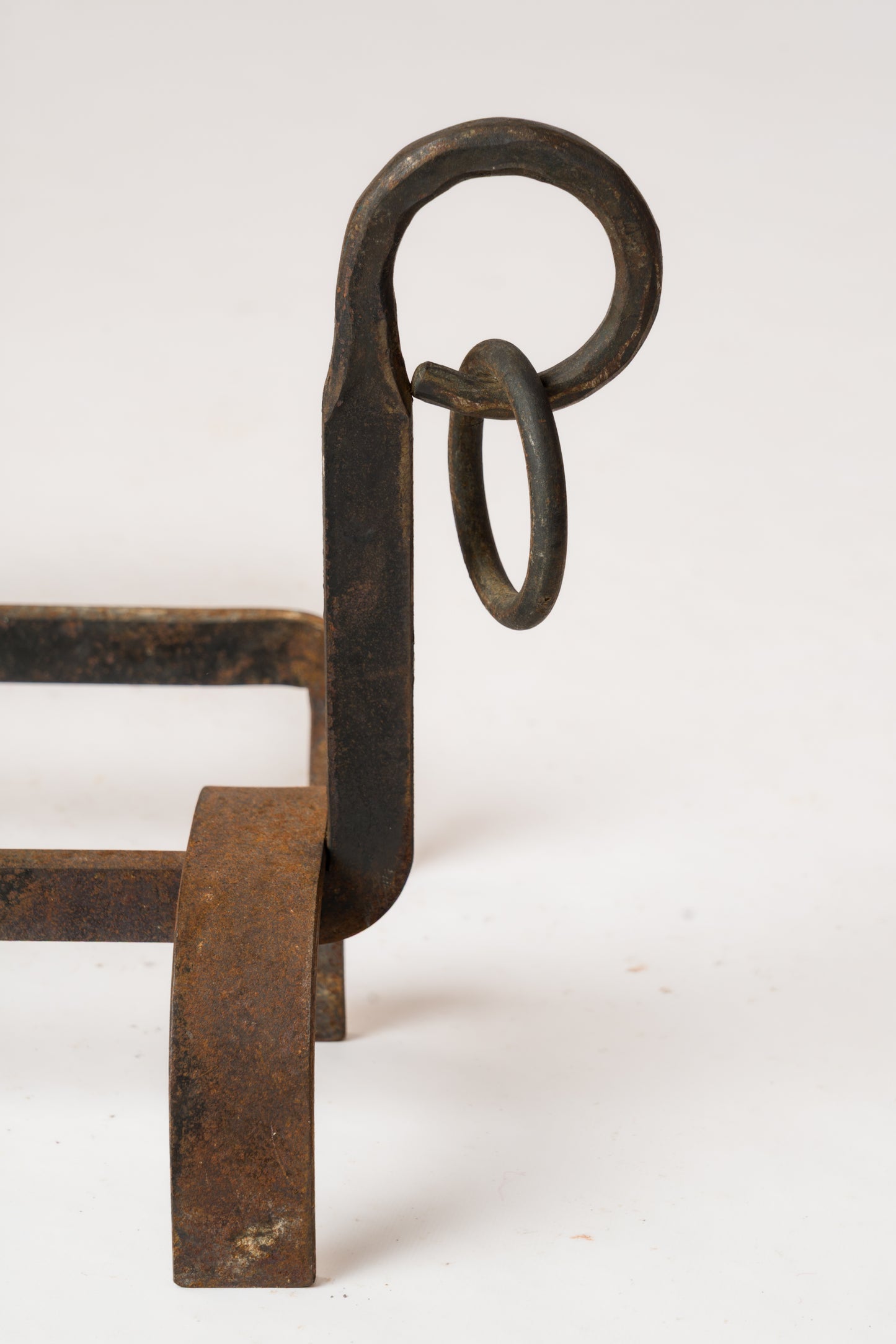 Pair of Chic Wrought Iron Andirons with Rings - France 1970s