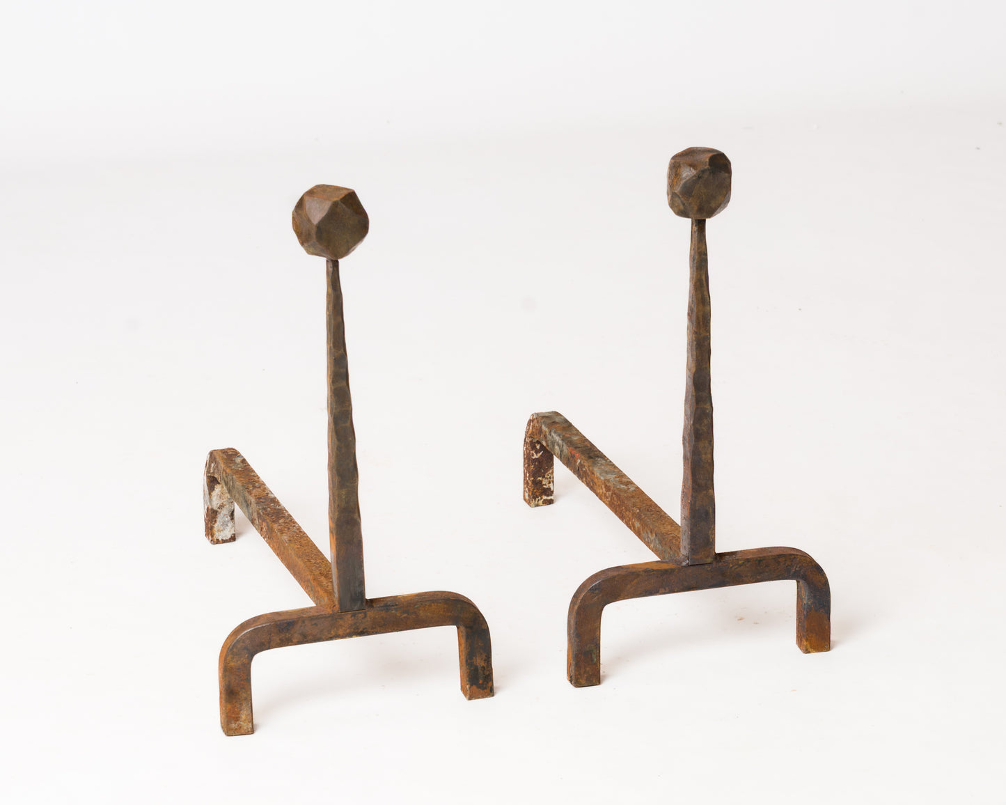 Pair of Tall Brutalist "Martelé" Wrought Iron Andirons - France 1970s