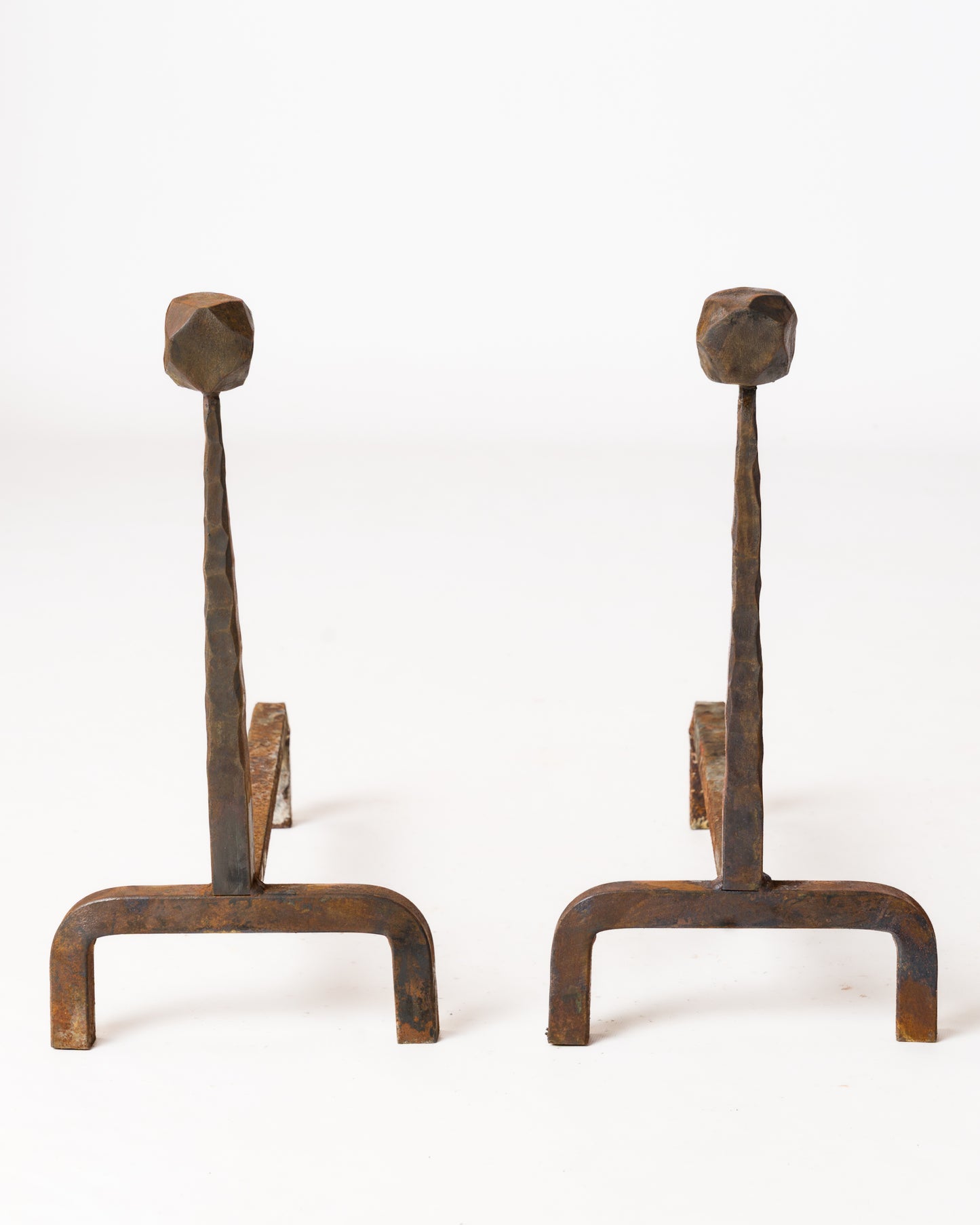 Pair of Tall Brutalist "Martelé" Wrought Iron Andirons - France 1970s