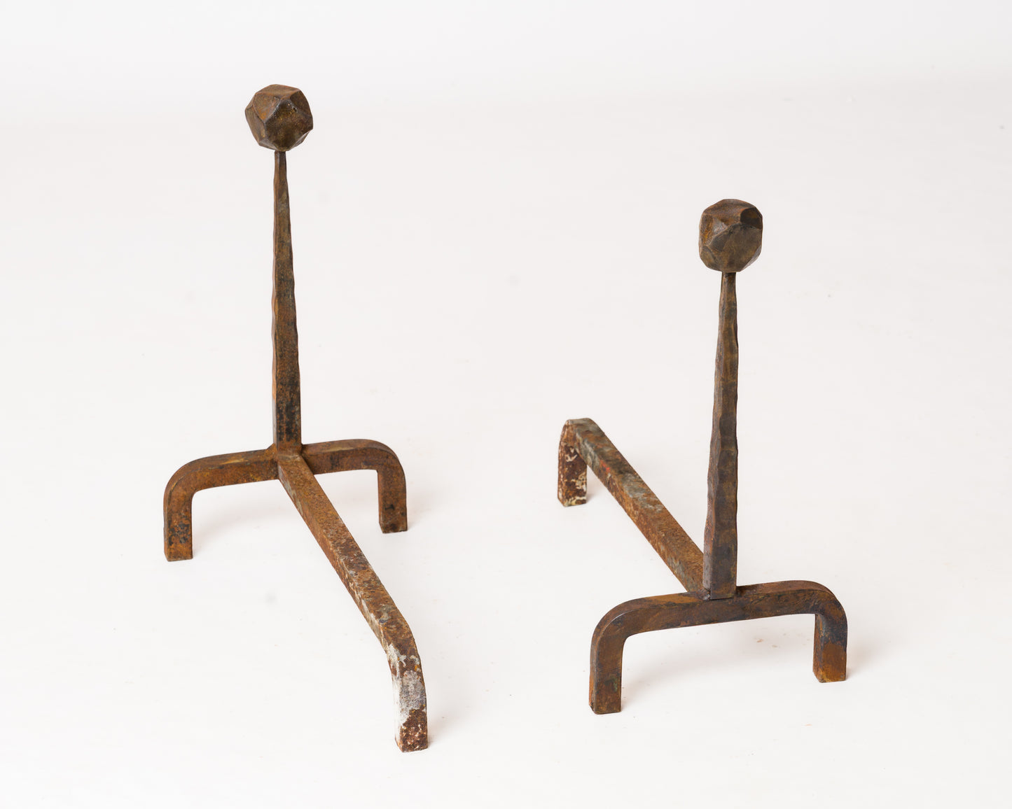 Pair of Tall Brutalist "Martelé" Wrought Iron Andirons - France 1970s