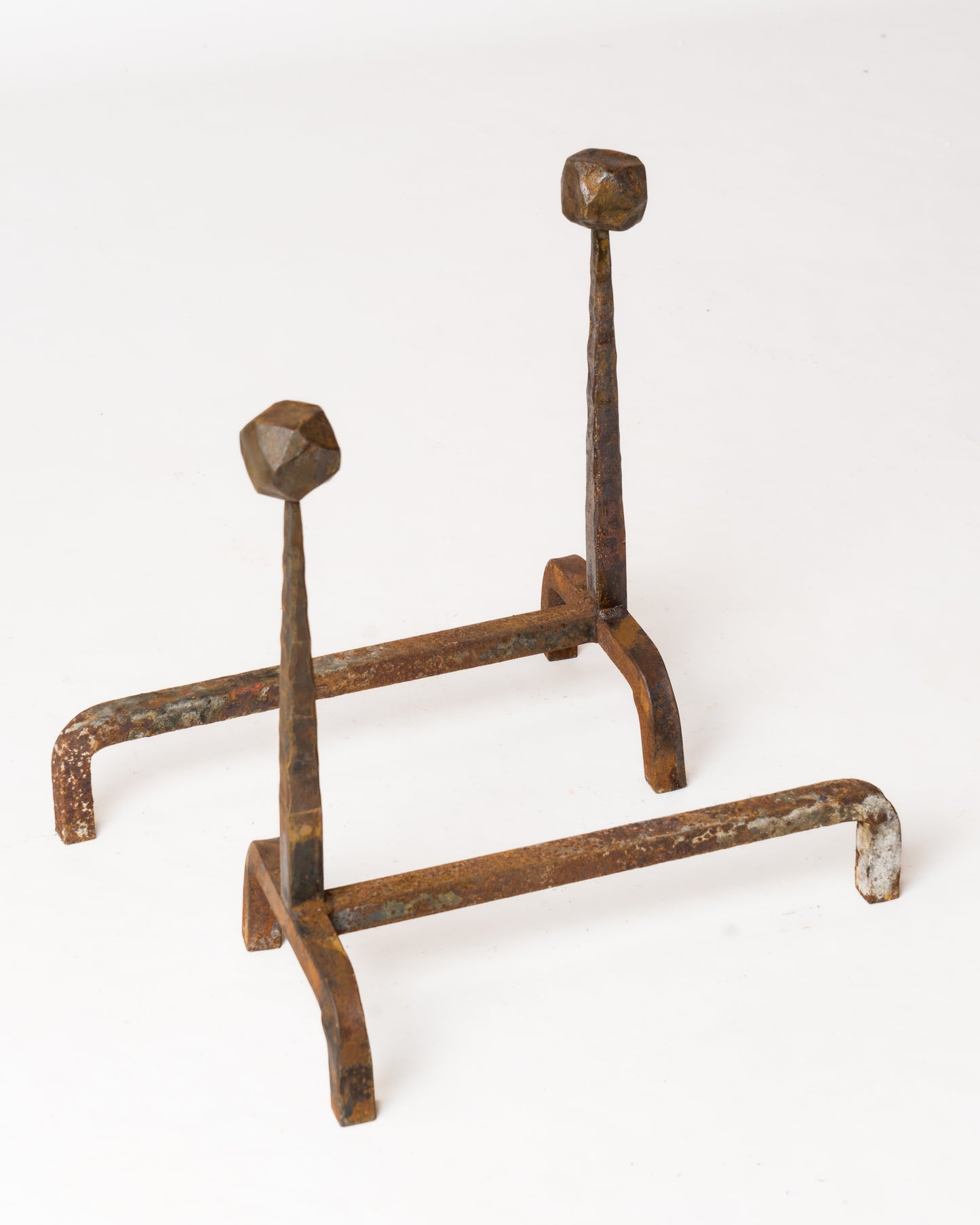 Pair of Tall Brutalist "Martelé" Wrought Iron Andirons - France 1970s