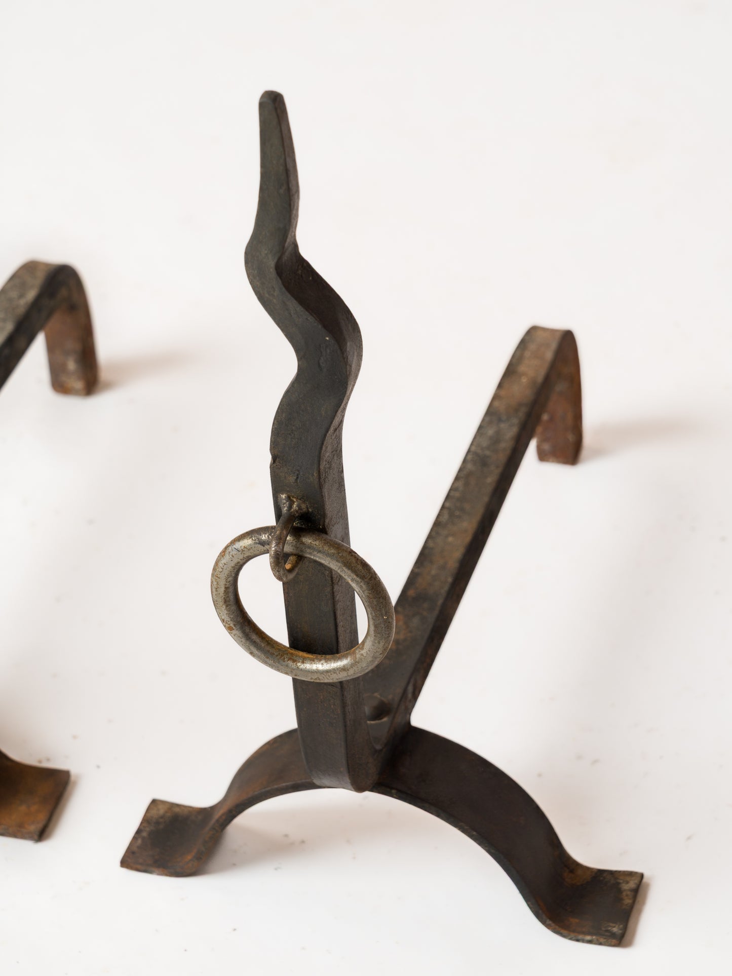 Pair of Brutalist "Zig-Zag" Wrought Iron Andirons - France 1970s