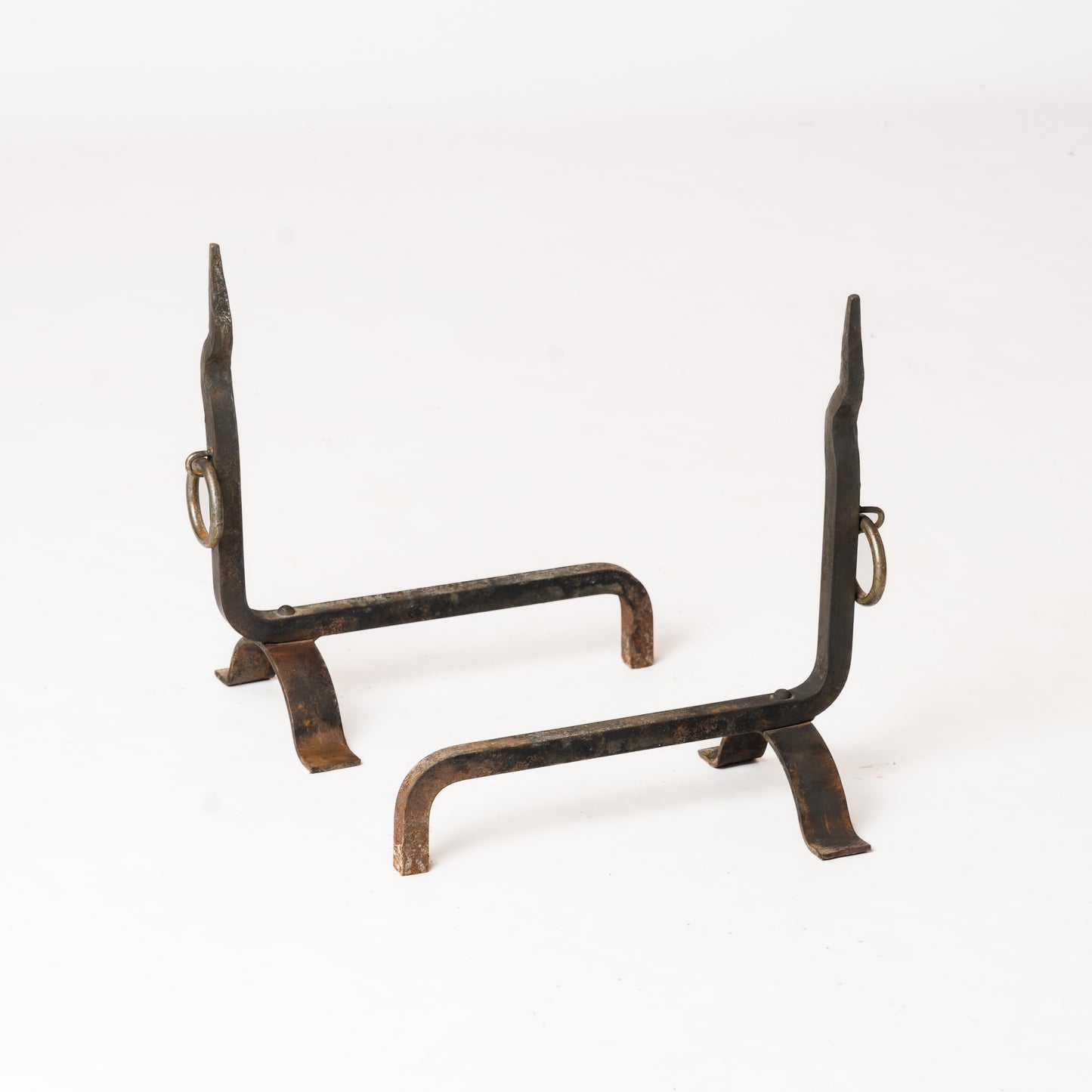 Pair of Brutalist "Zig-Zag" Wrought Iron Andirons - France 1970s