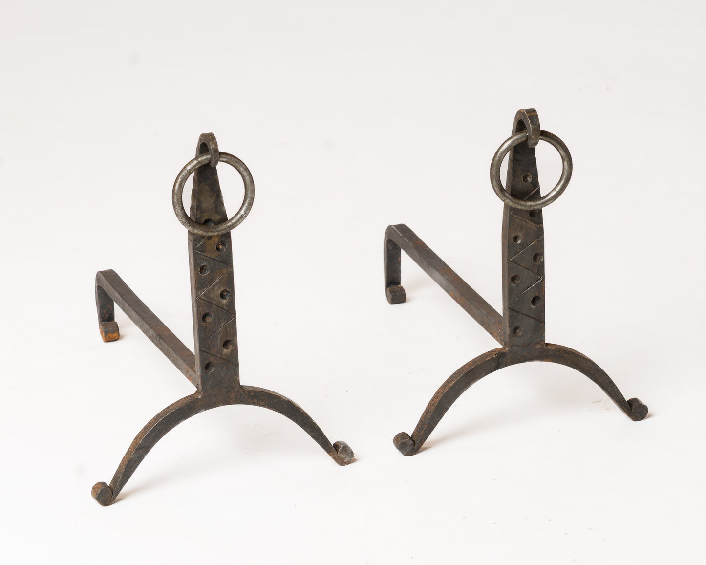 Pair of "Martelé" Wrought Iron Andirons with Rings - France 1970s