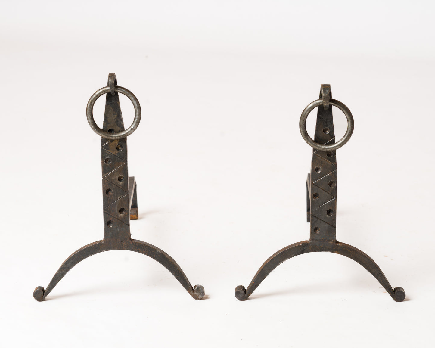 Pair of "Martelé" Wrought Iron Andirons with Rings - France 1970s
