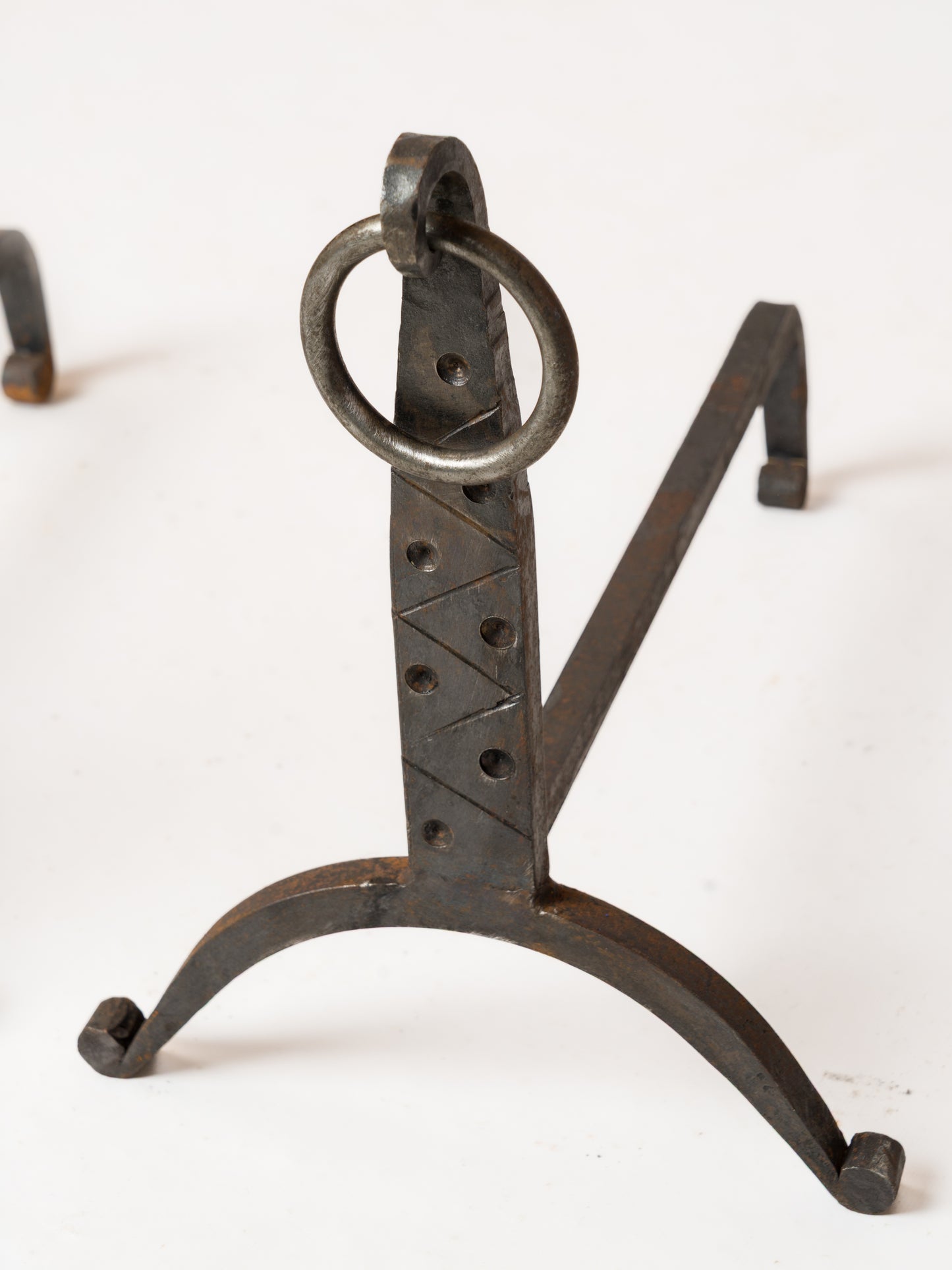 Pair of "Martelé" Wrought Iron Andirons with Rings - France 1970s