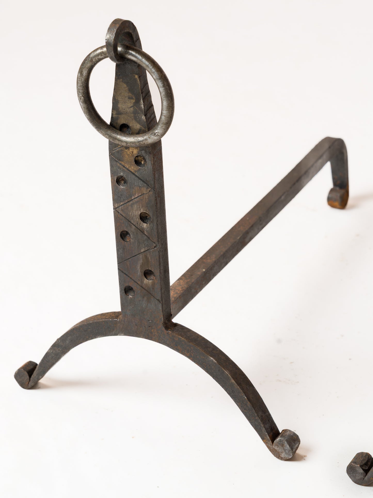 Pair of "Martelé" Wrought Iron Andirons with Rings - France 1970s