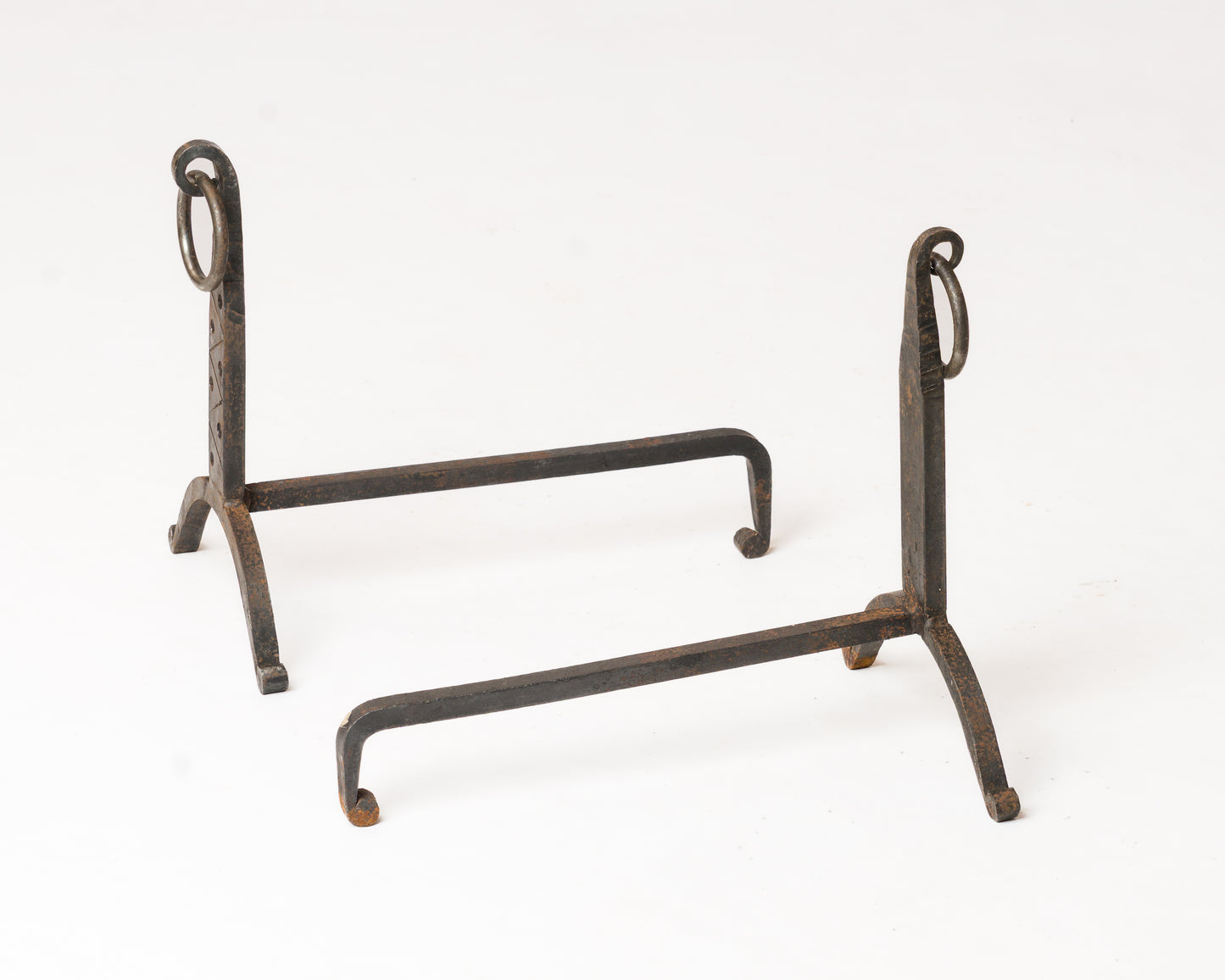 Pair of "Martelé" Wrought Iron Andirons with Rings - France 1970s