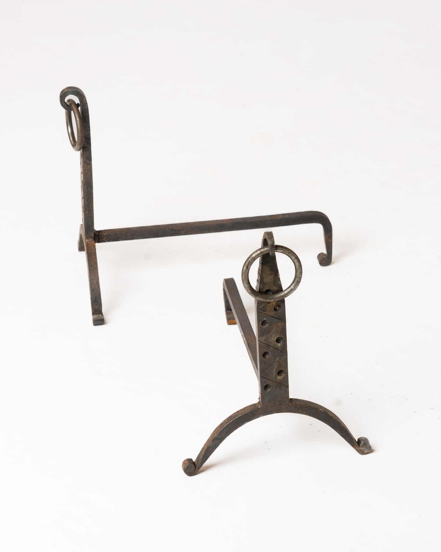 Pair of "Martelé" Wrought Iron Andirons with Rings - France 1970s