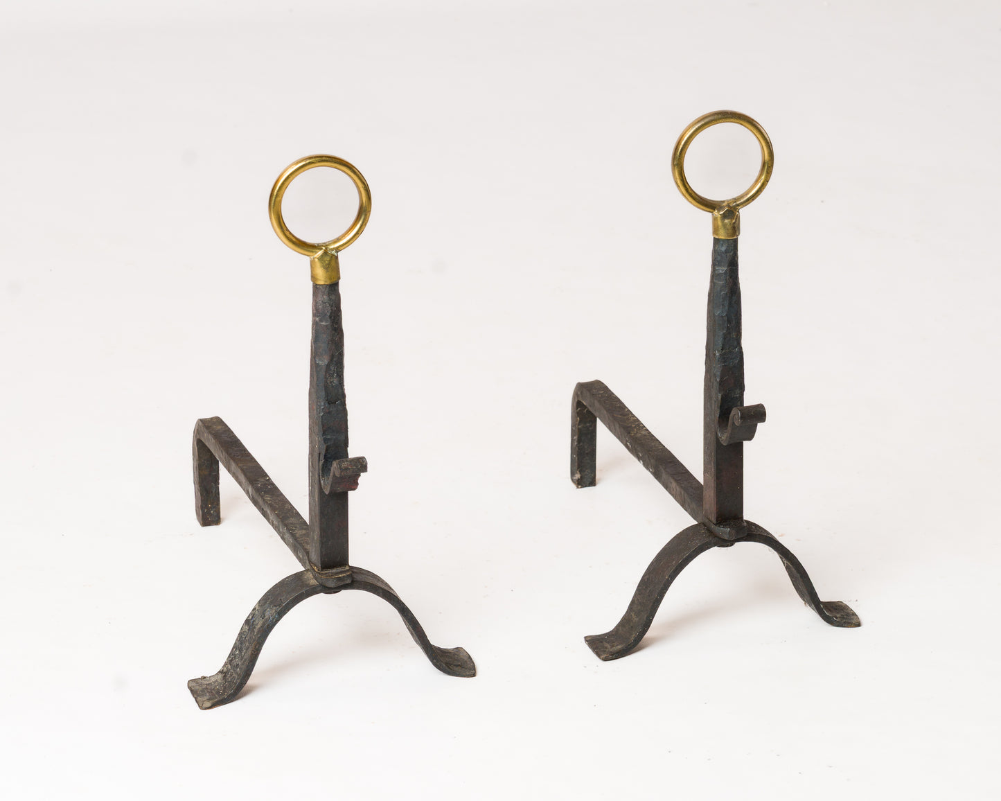 Pair "Martelé" Wrought Iron Andirons with Polished End Handles - France 1970s