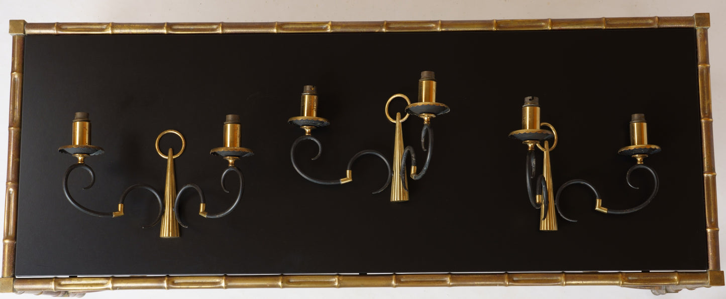 Pair of Neo Classical Black & Gilt Metal Sconces by Arlus - France 1960's