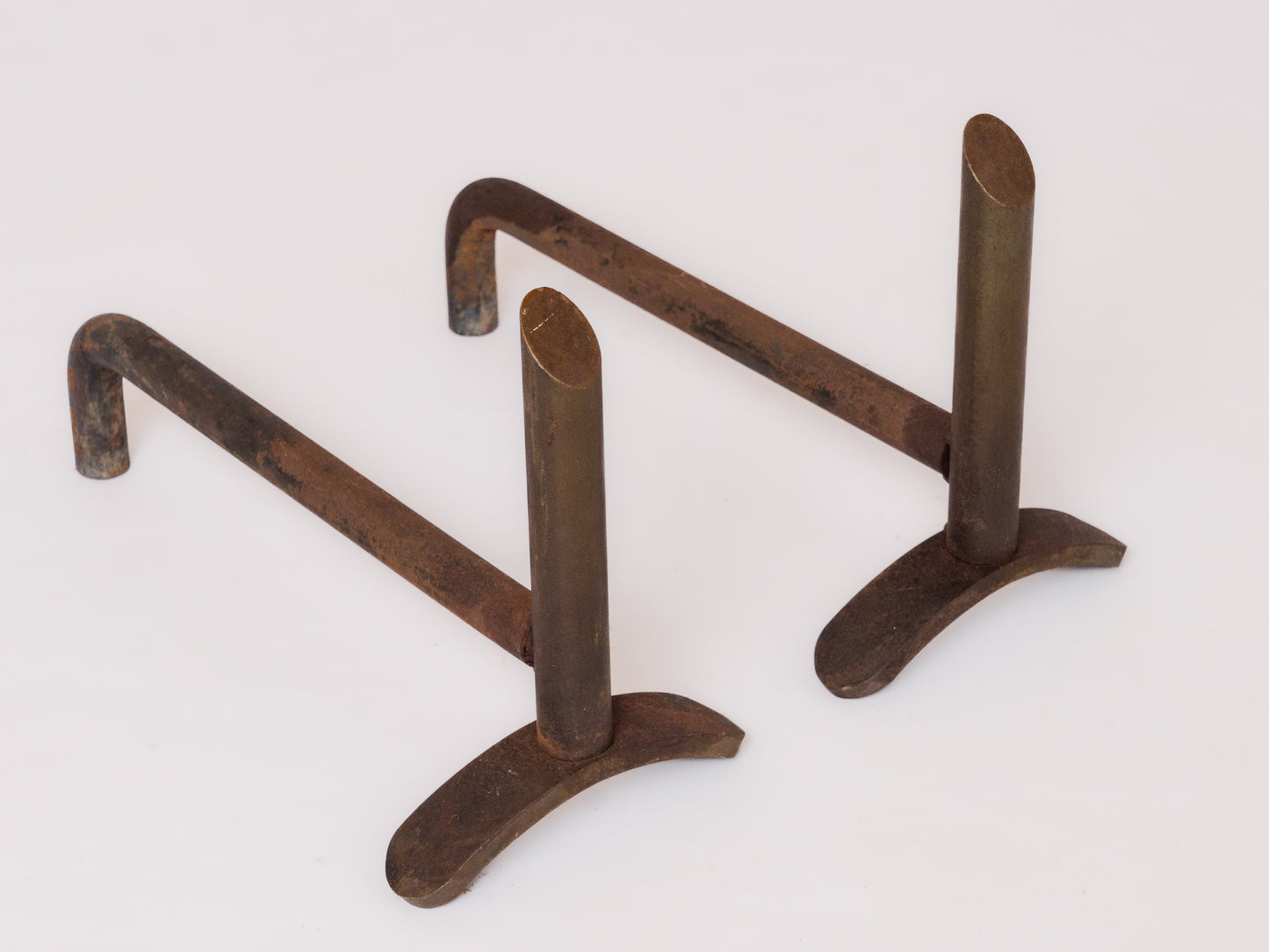 Pair of Minimalist Oxydated Steel Andirons w. Cutaway End - France 1980's