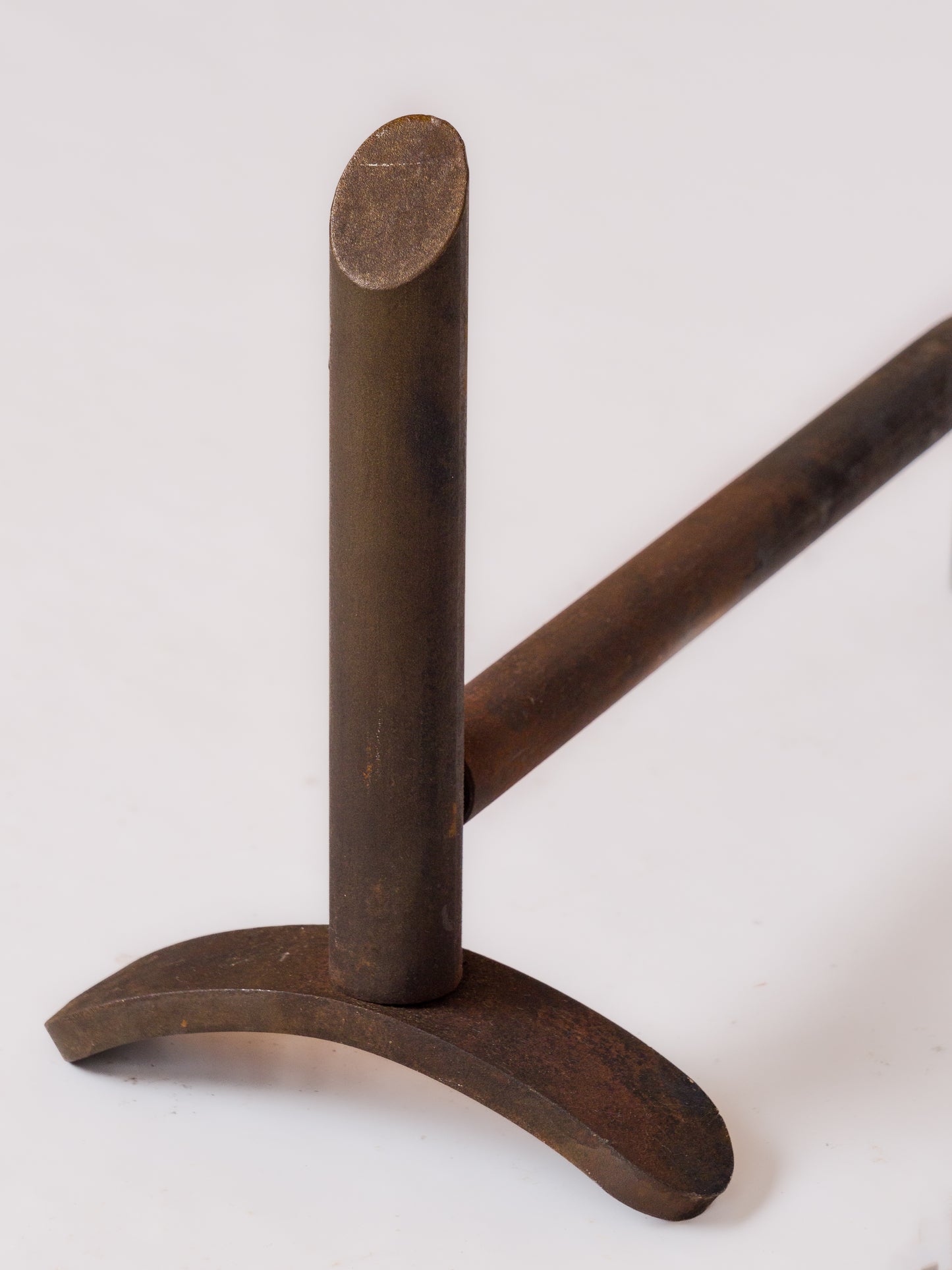 Pair of Minimalist Oxydated Steel Andirons w. Cutaway End - France 1980's