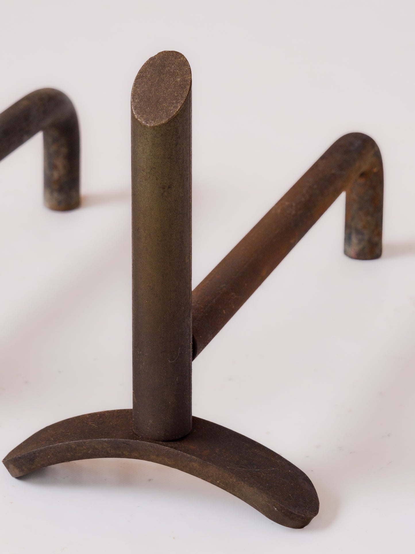 Pair of Minimalist Oxydated Steel Andirons w. Cutaway End - France 1980's