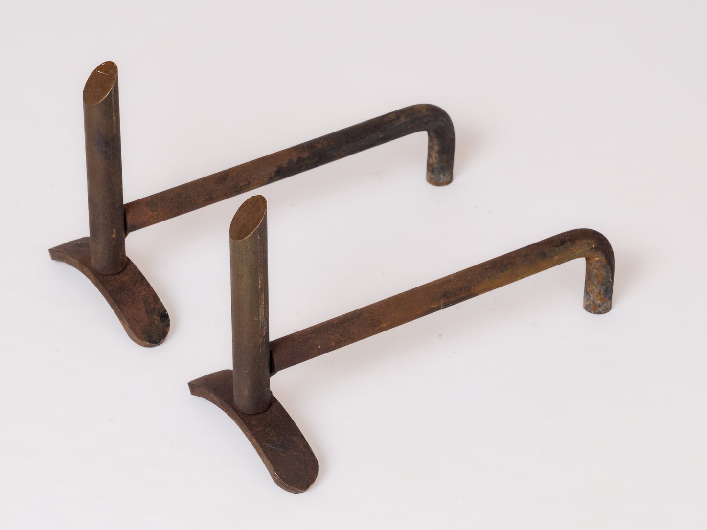 Pair of Minimalist Oxydated Steel Andirons w. Cutaway End - France 1980's