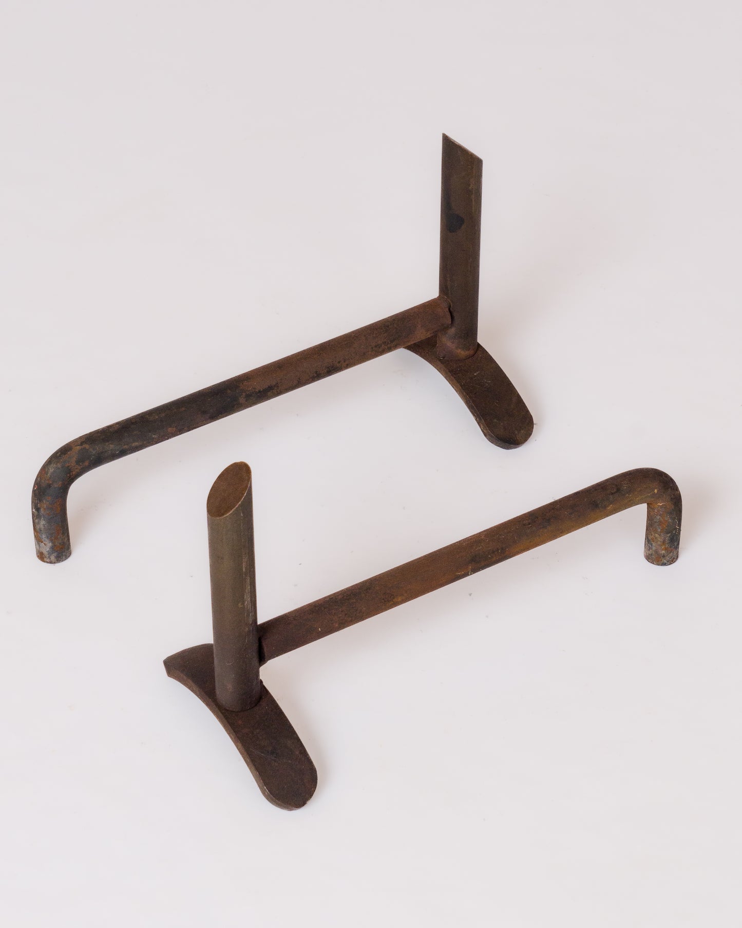 Pair of Minimalist Oxydated Steel Andirons w. Cutaway End - France 1980's
