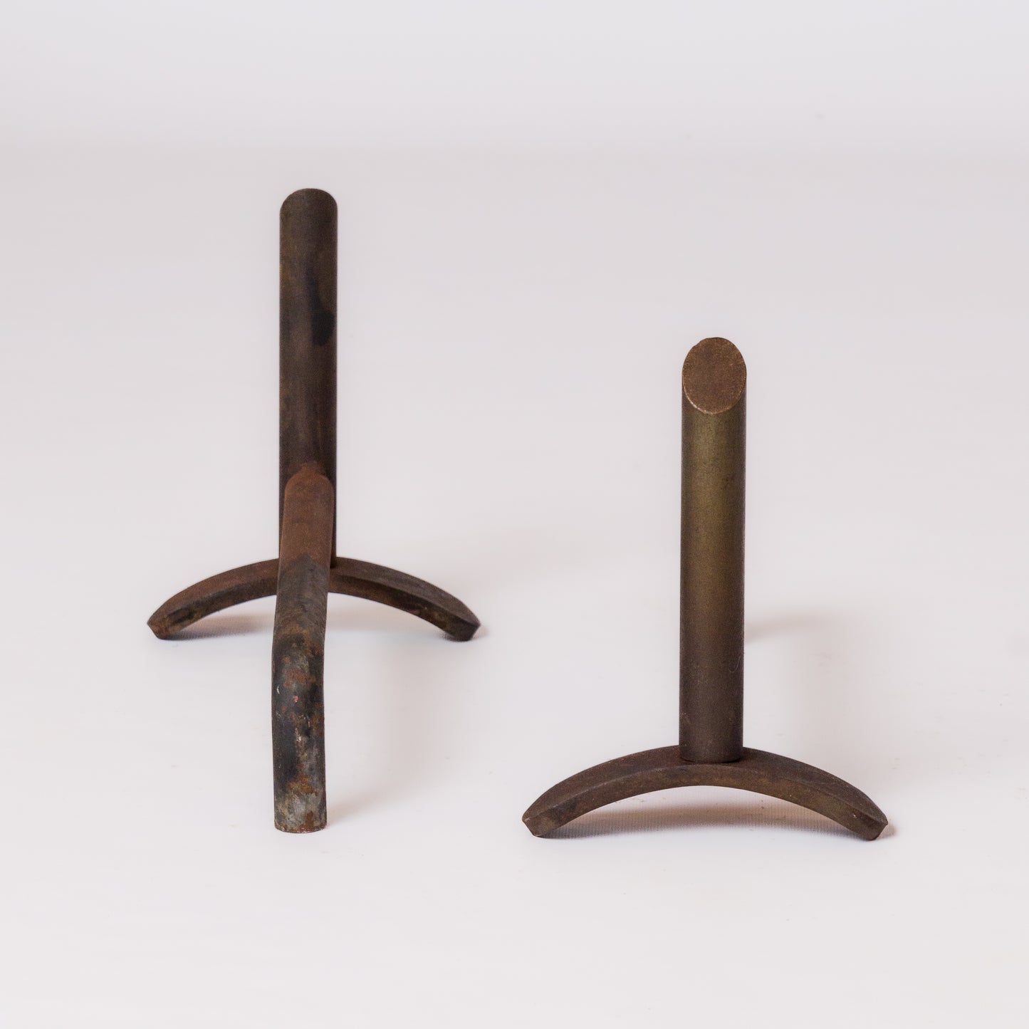 Pair of Minimalist Oxydated Steel Andirons w. Cutaway End - France 1980's