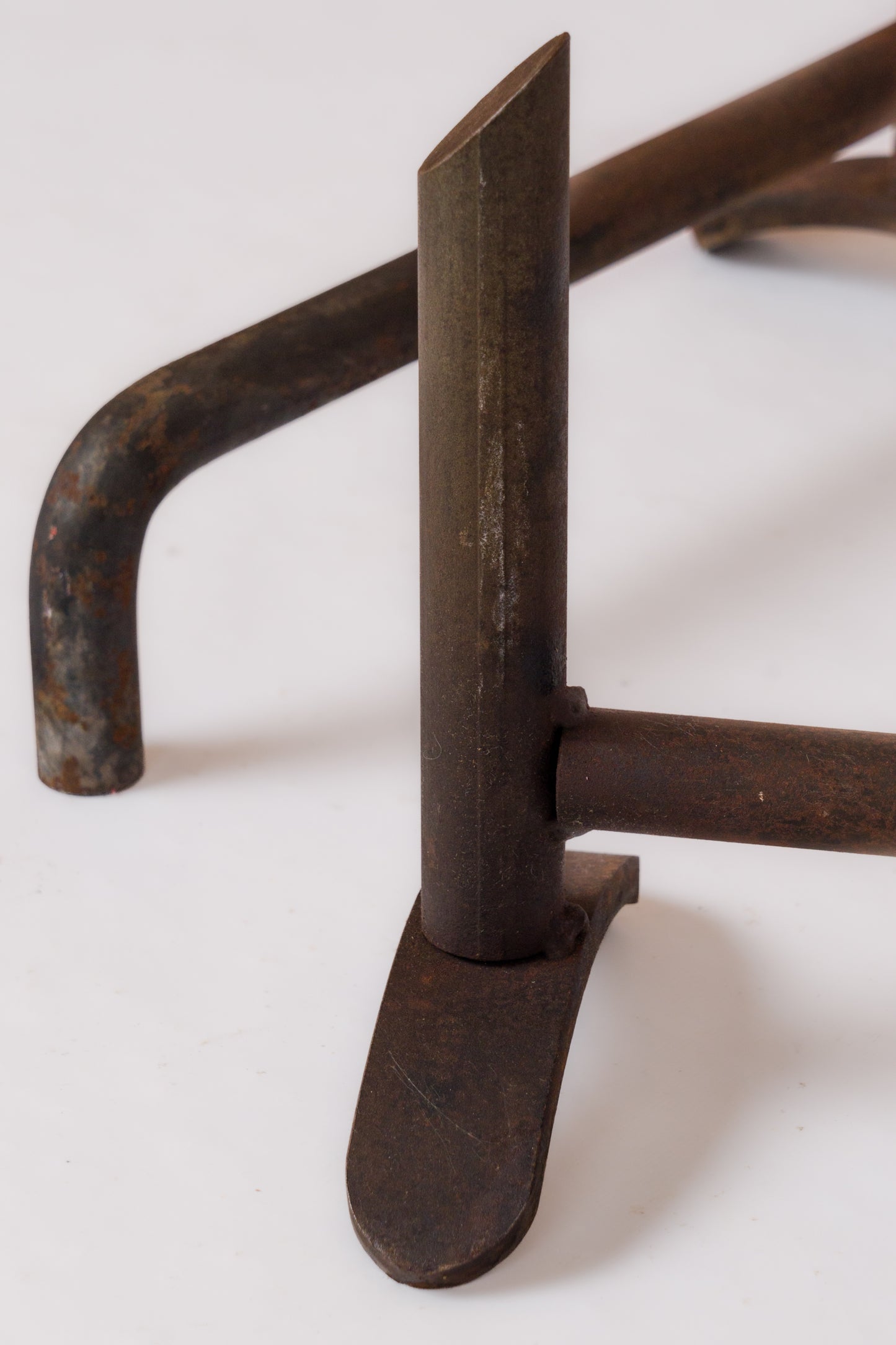 Pair of Minimalist Oxydated Steel Andirons w. Cutaway End - France 1980's