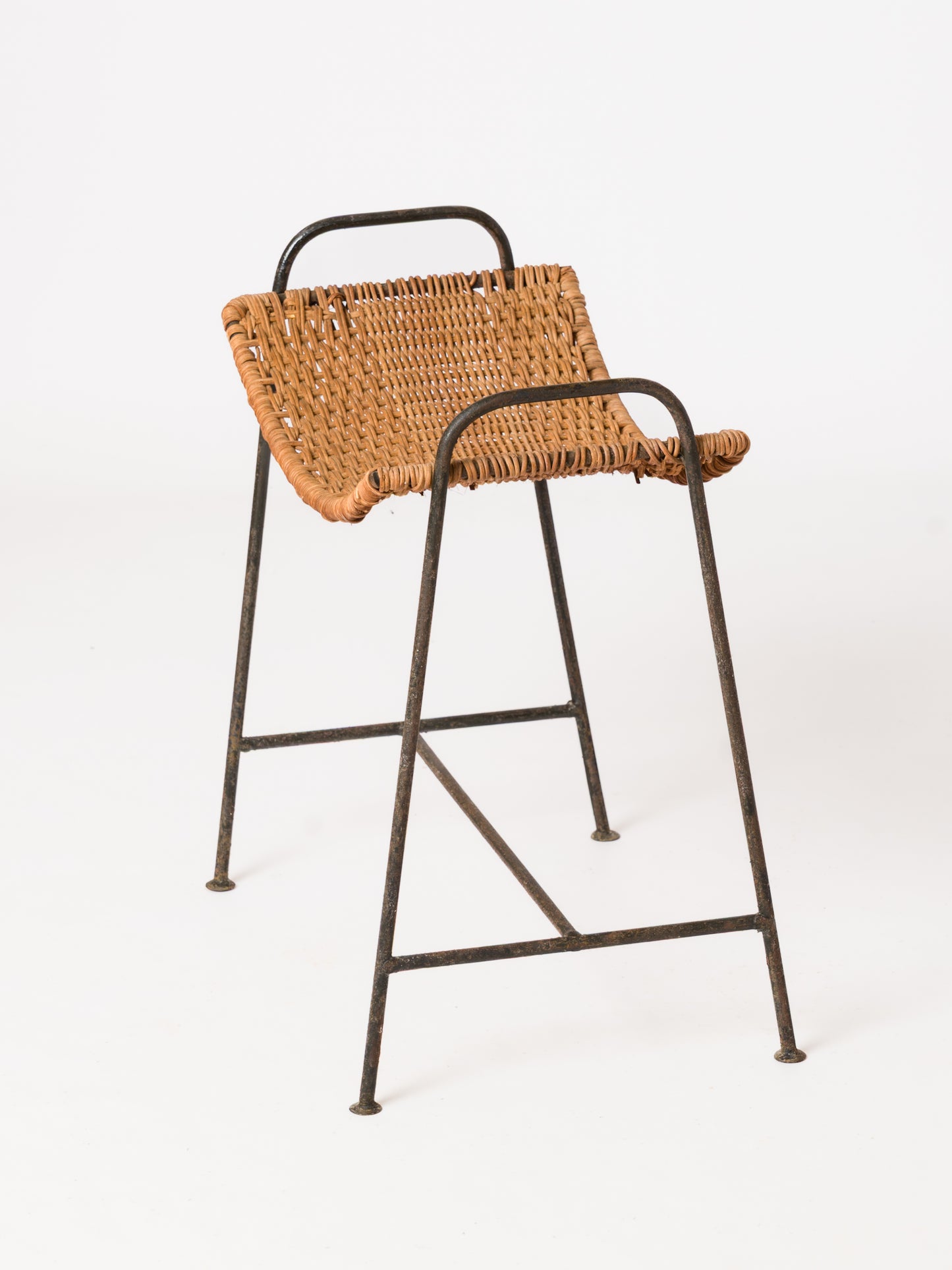 "Ferotin" Wicker and Steel Stool att. Raoul Guys - France 1950's