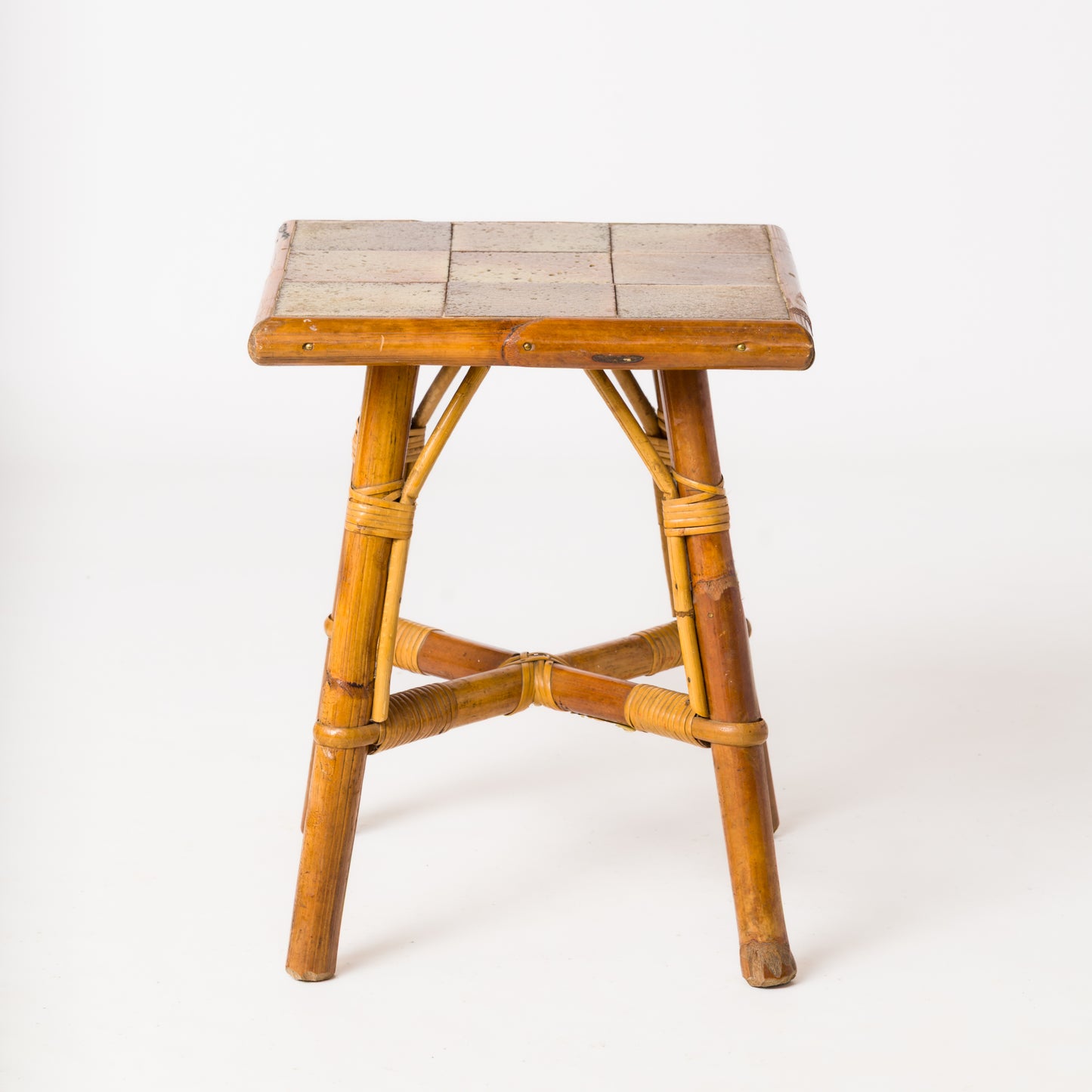 Glazed Stoneware Tile and Rattan Side Table att. Bergon Anduze - France 1950's