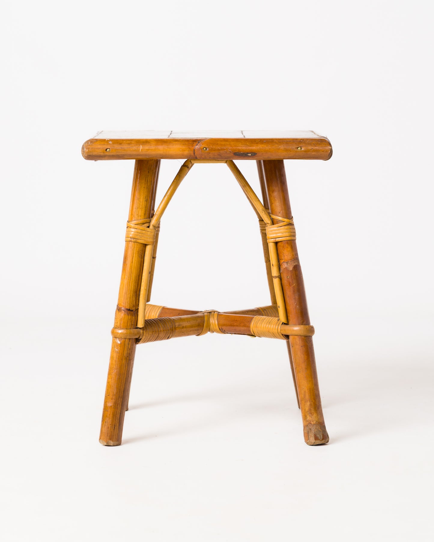 Glazed Stoneware Tile and Rattan Side Table att. Bergon Anduze - France 1950's