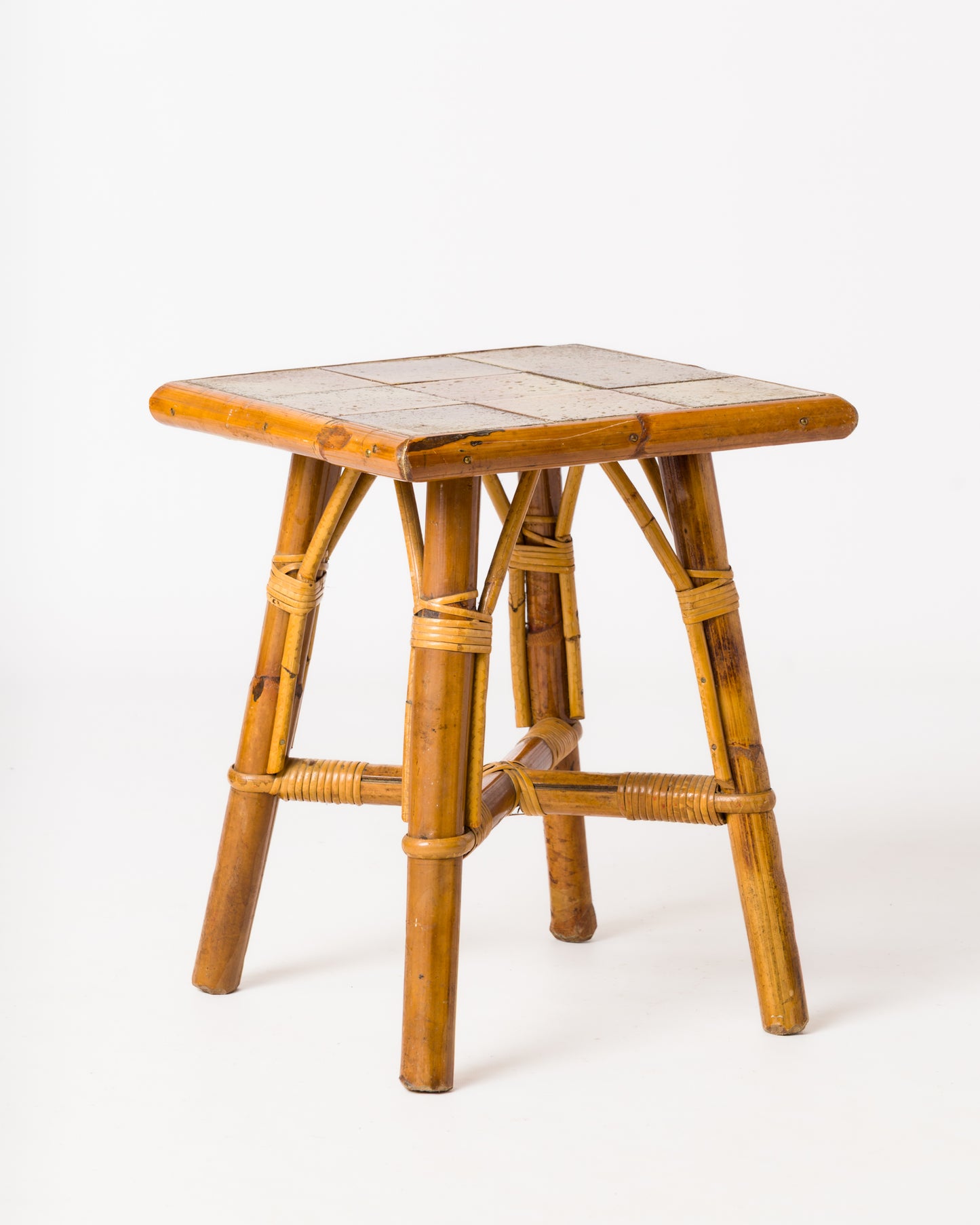 Glazed Stoneware Tile and Rattan Side Table att. Bergon Anduze - France 1950's
