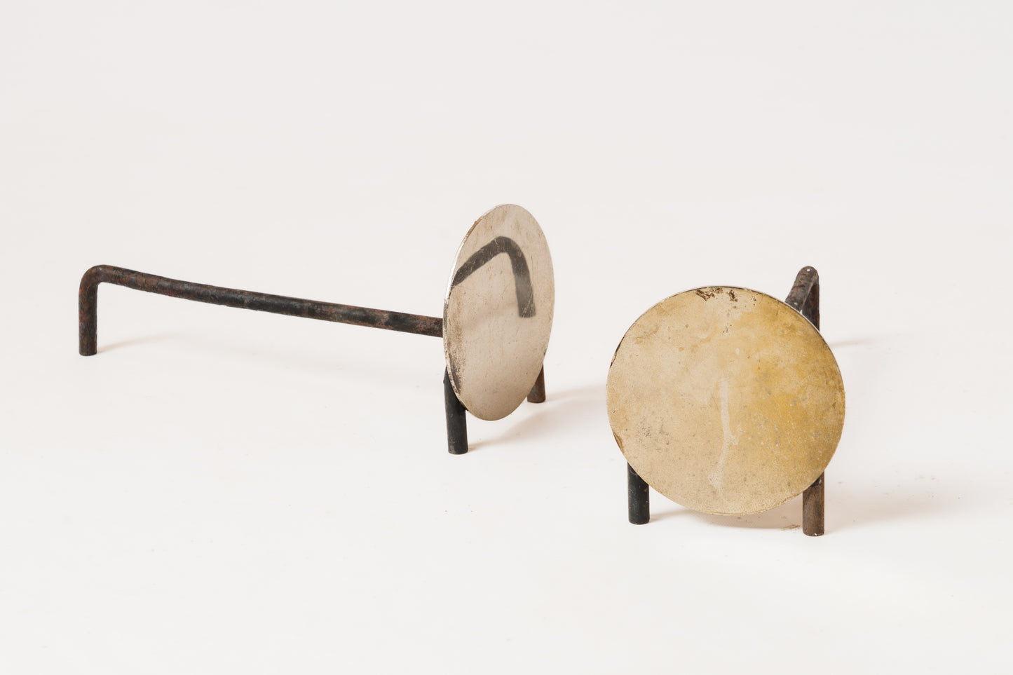 Pair of Compact Minimalist Steel Discs Andirons - France 1970s