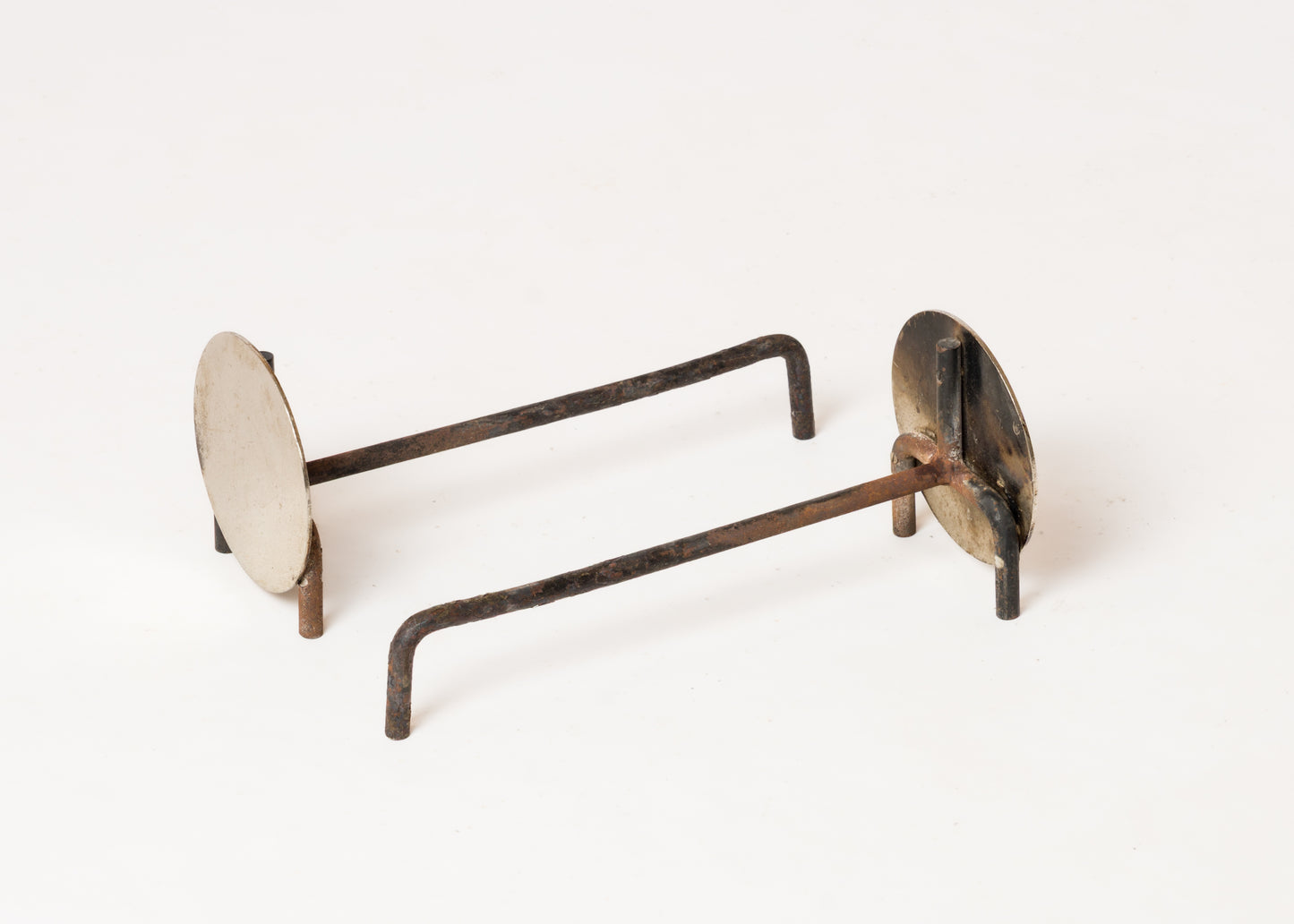 Pair of Compact Minimalist Steel Discs Andirons - France 1970s