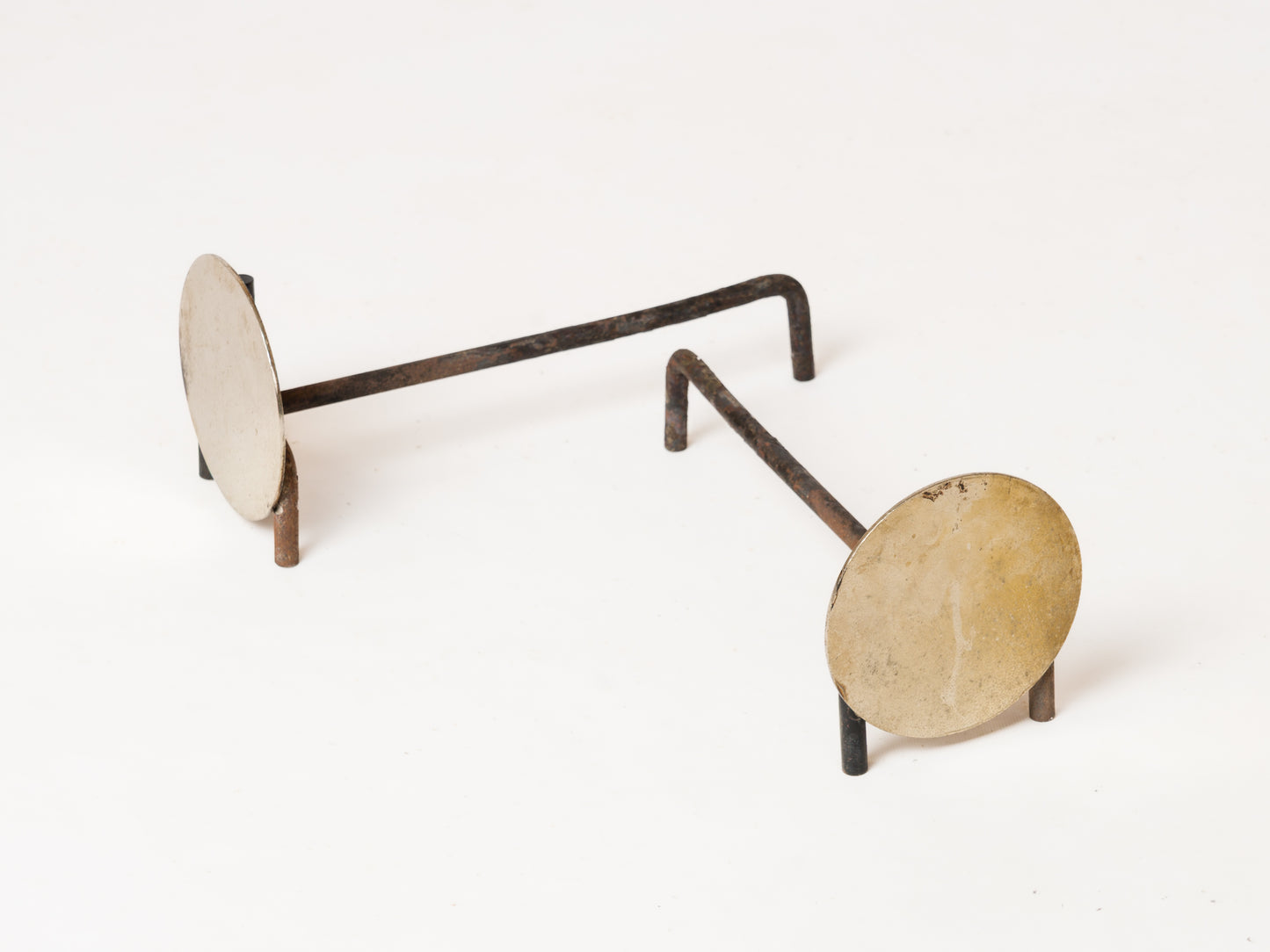 Pair of Compact Minimalist Steel Discs Andirons - France 1970s
