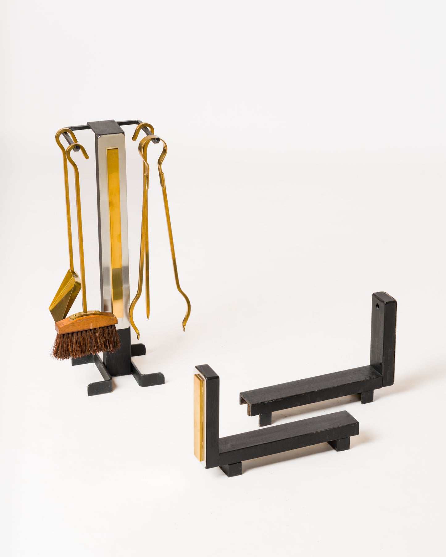 Modernist Brass & Steel Andirons with Fireplace Tools Set - France 1970s