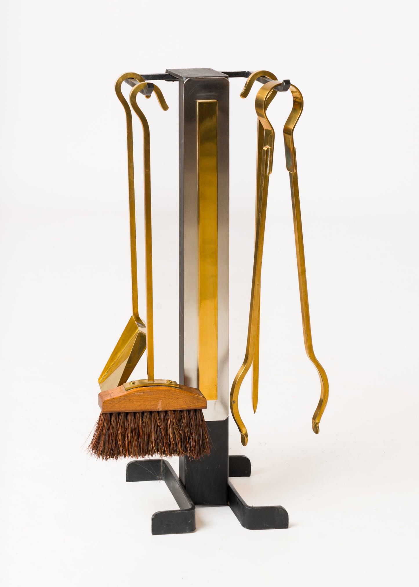 Modernist Brass & Steel Andirons with Fireplace Tools Set - France 1970s