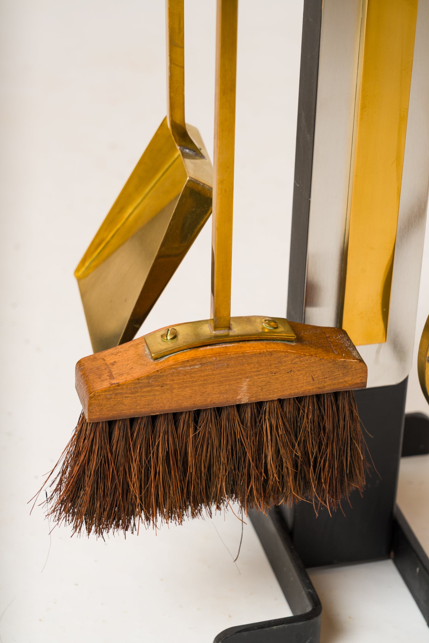 Modernist Brass & Steel Andirons with Fireplace Tools Set - France 1970s