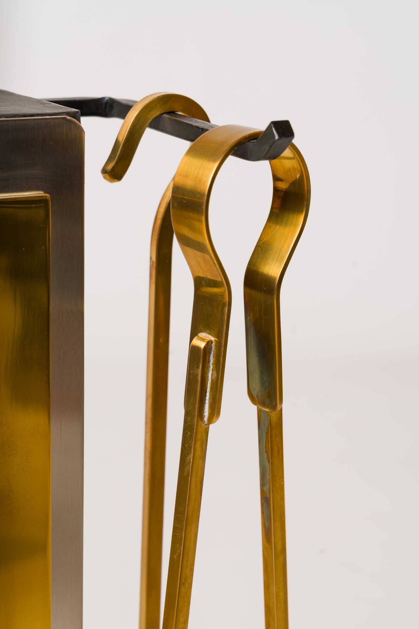 Modernist Brass & Steel Andirons with Fireplace Tools Set - France 1970s