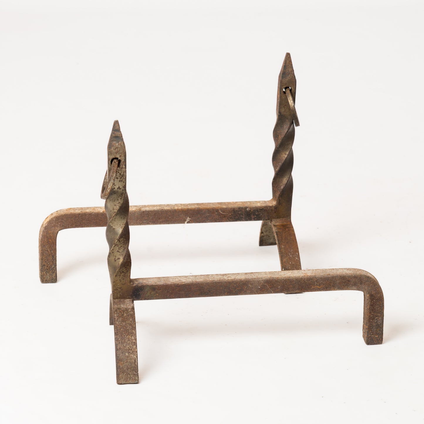 Twisted "Fer Forgé" Wrought Iron Andirons with Rings - France 1970s
