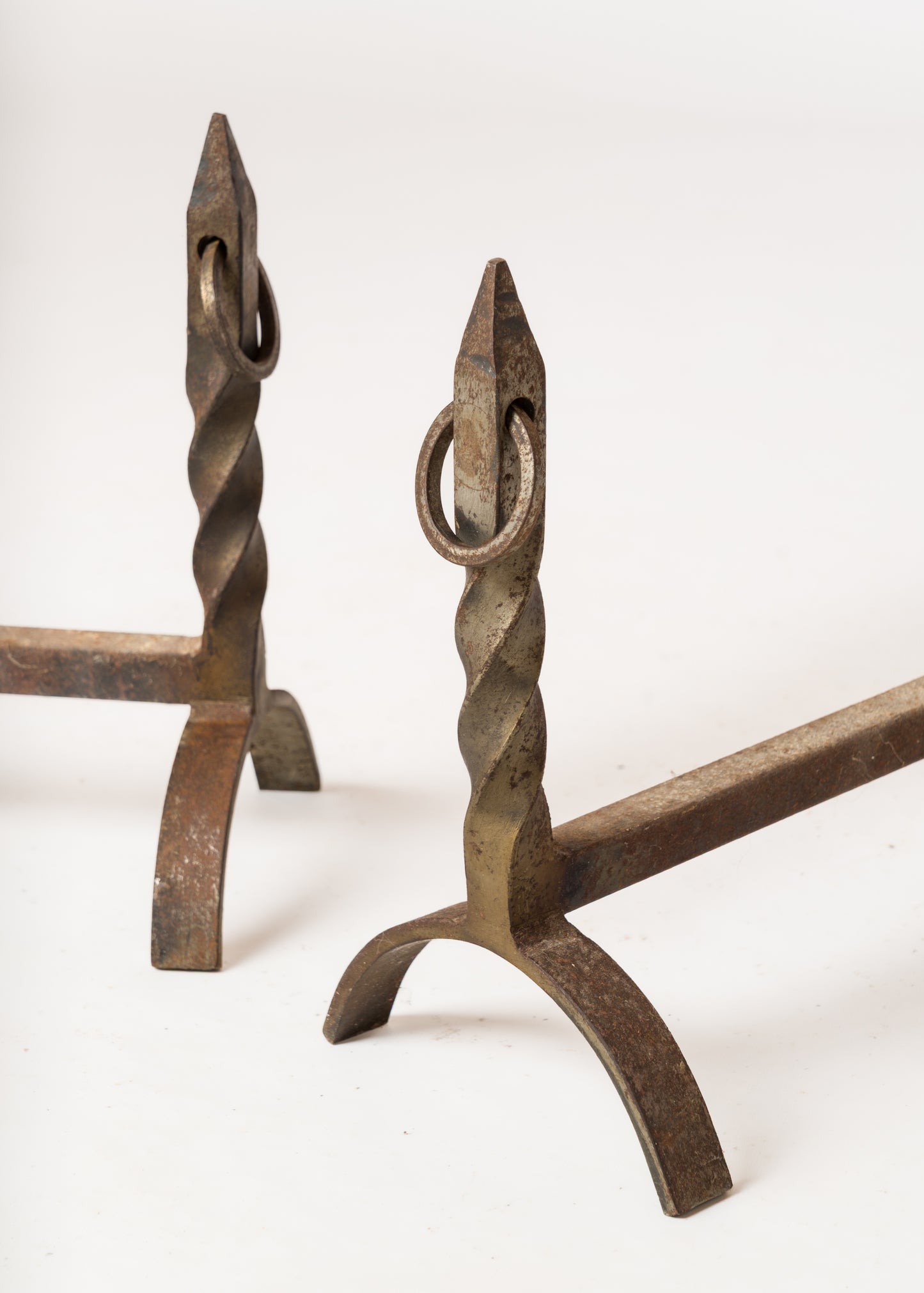Twisted "Fer Forgé" Wrought Iron Andirons with Rings - France 1970s
